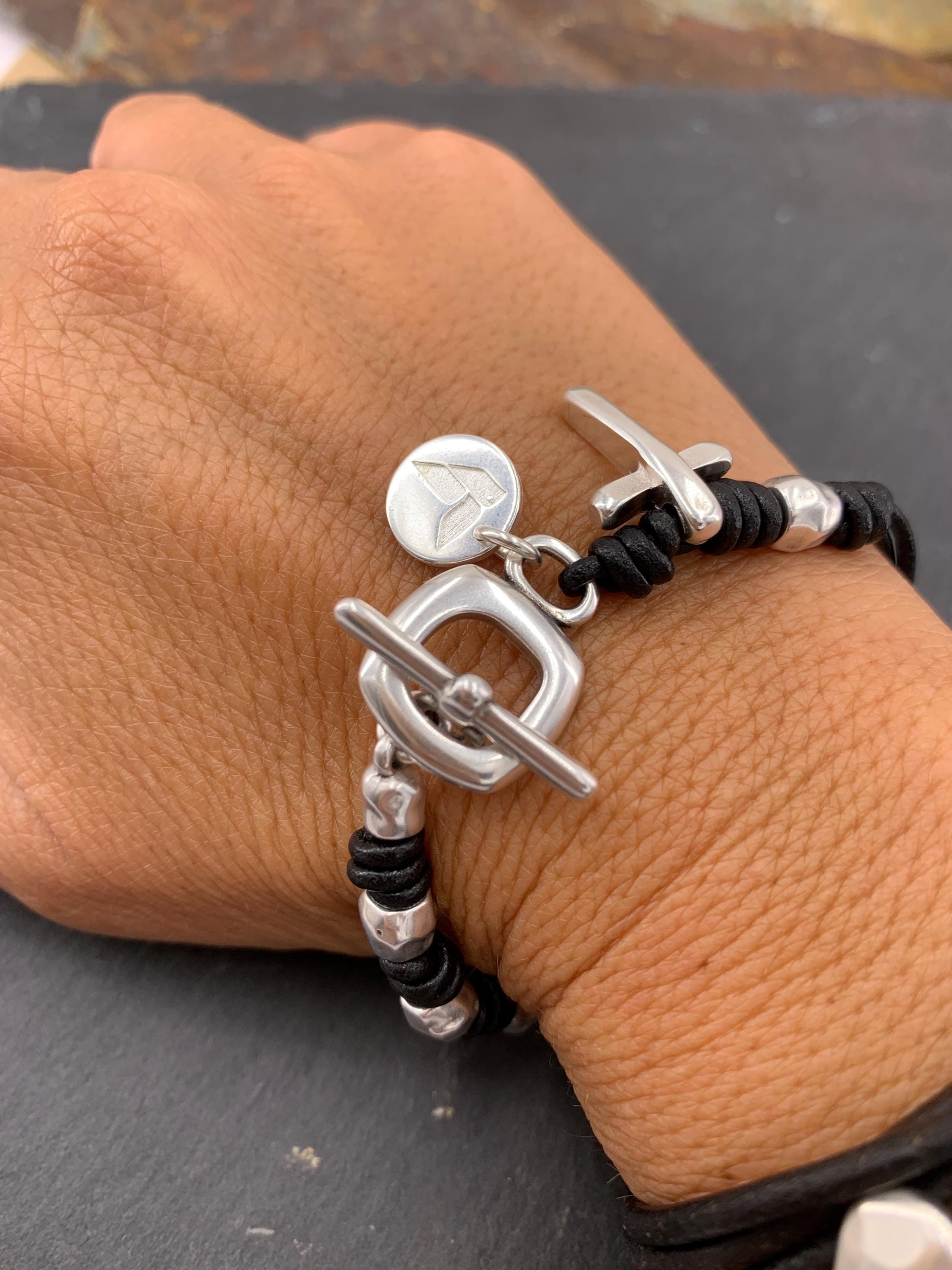 Cross charm toggle clasp silver beaded leather bracelet for women, chunky silver cross bracelet, uno de 50 style, bohemian tribal bracelet,