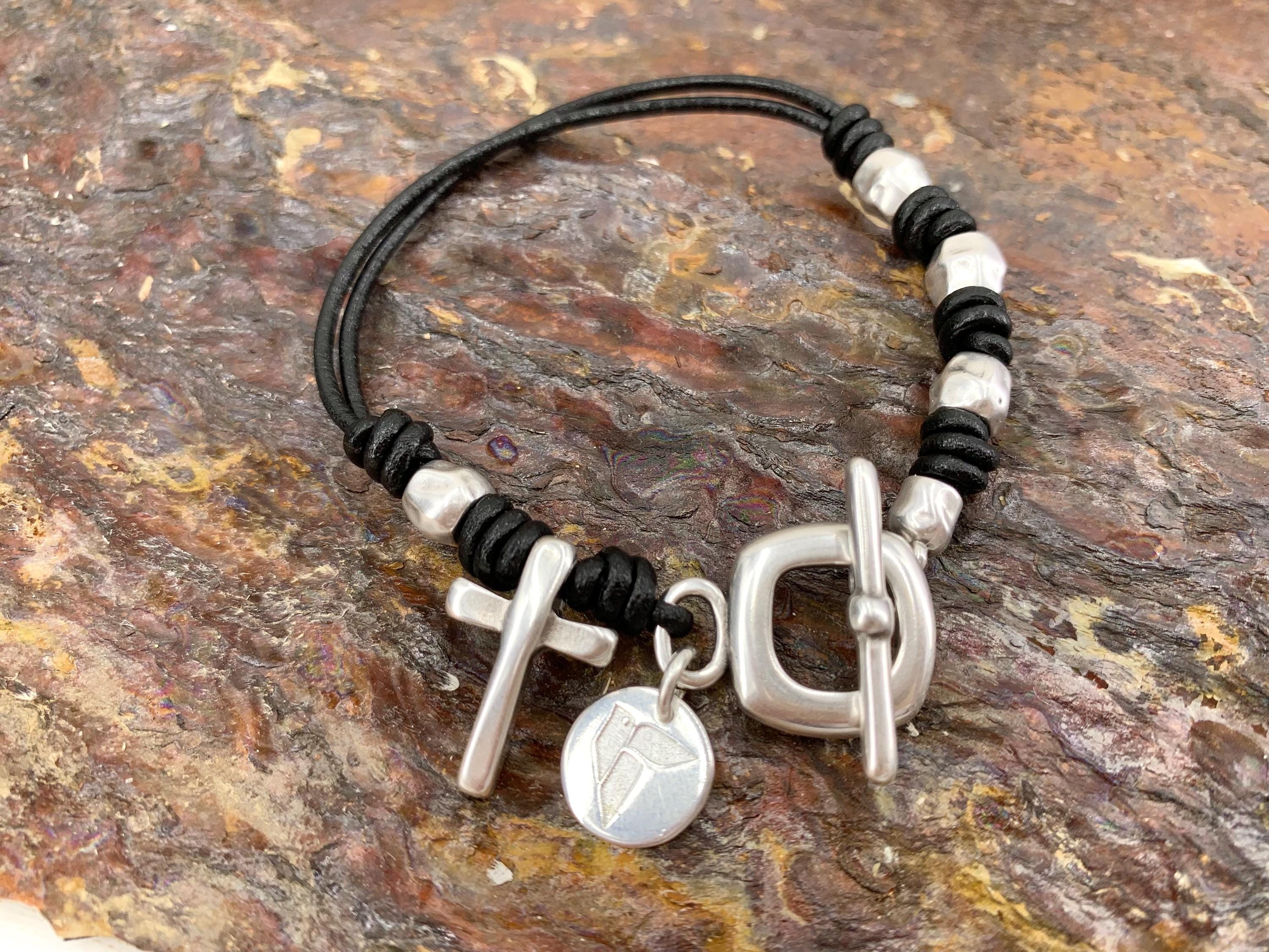 Cross charm toggle clasp silver beaded leather bracelet for women, chunky silver cross bracelet, uno de 50 style, bohemian tribal bracelet,