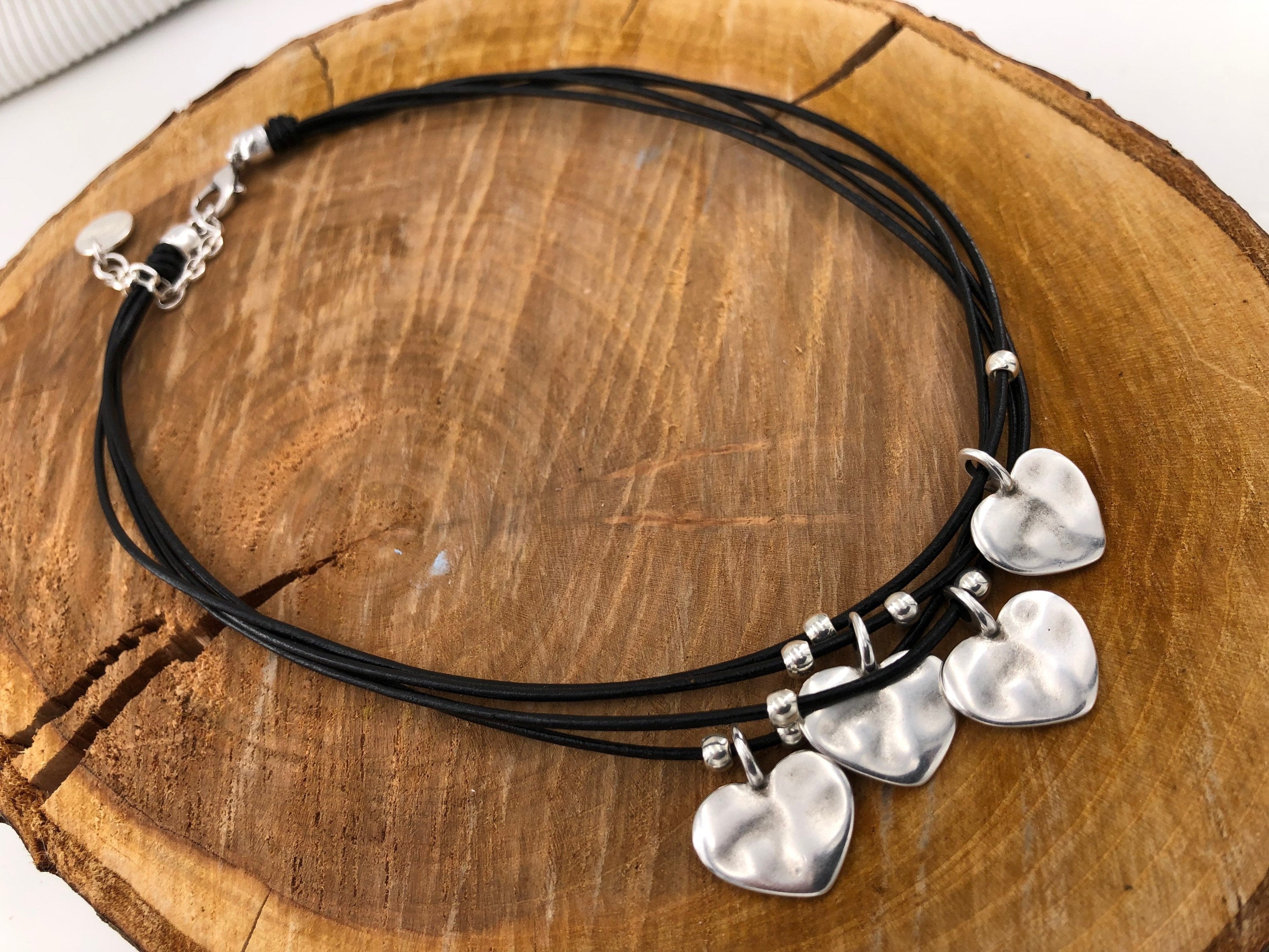 Handmade multi-strand leather choker, layered silver hearts pendant necklace, bohemian jewelry