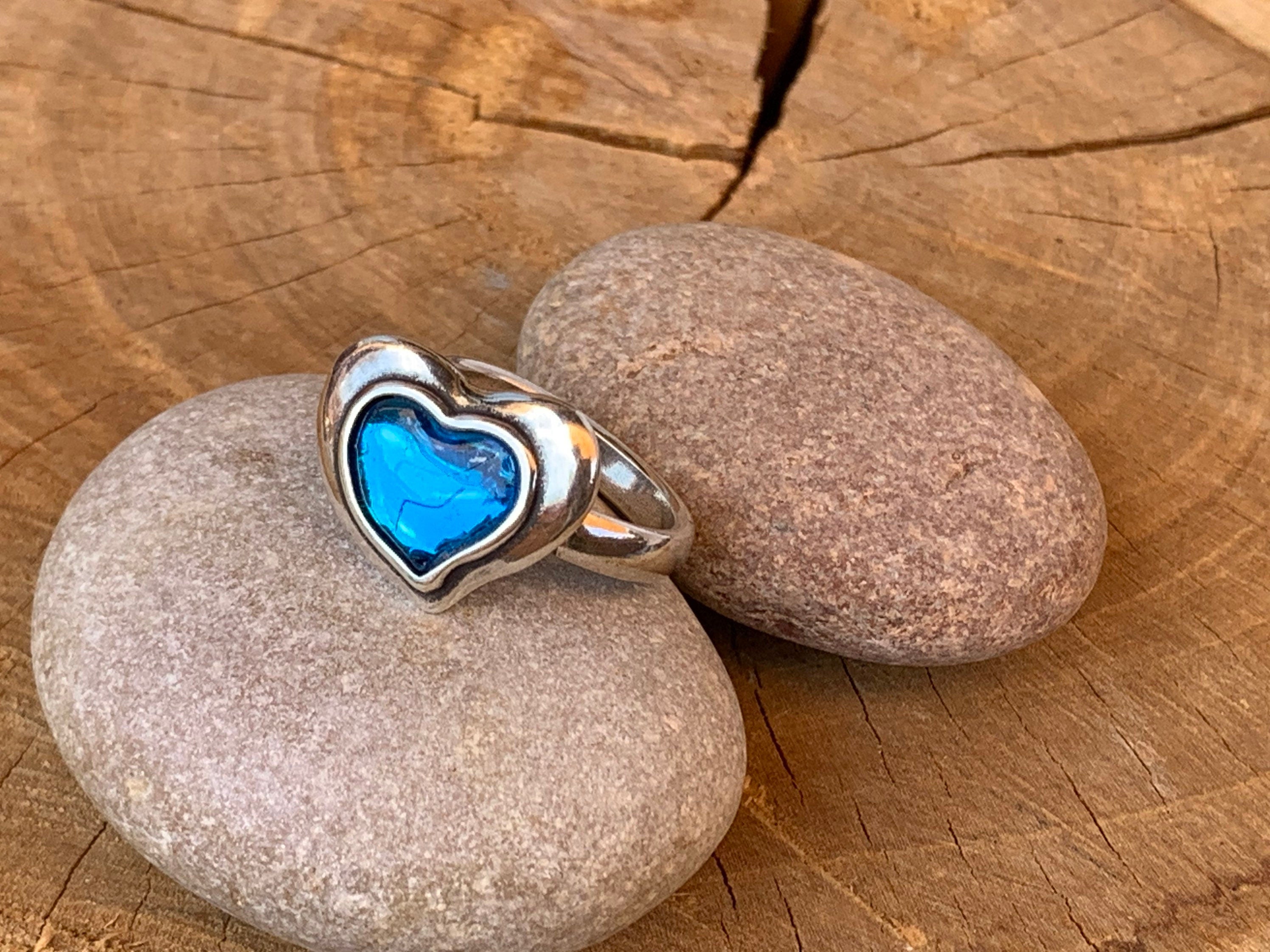 Chunky silver ring with blue heart, statement ring, crystal ring, blue ring, uno de 50 style, bohemian ring, heart ring, bold ring, gift
