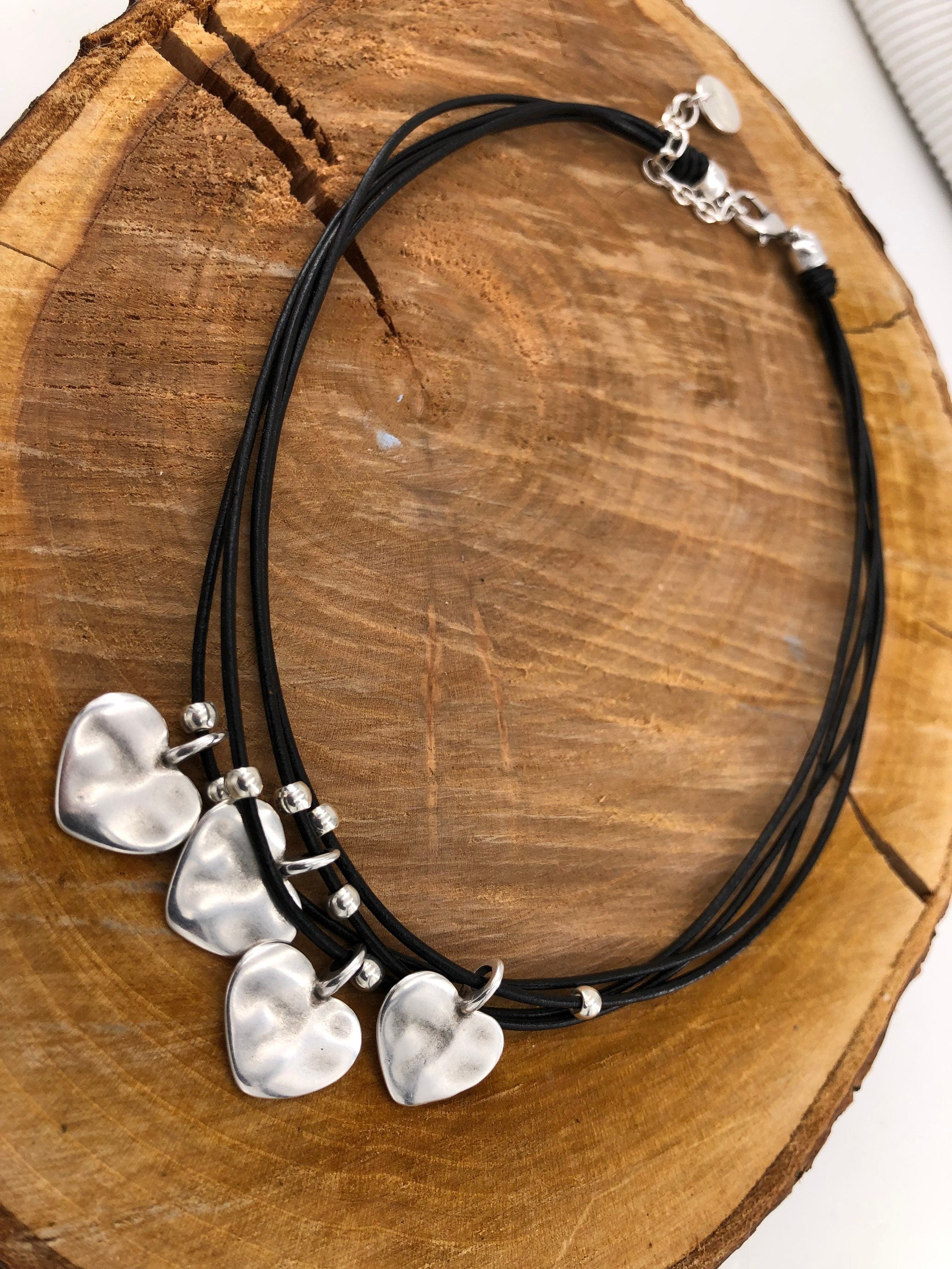 Handmade multi-strand leather choker, layered silver hearts pendant necklace, bohemian jewelry