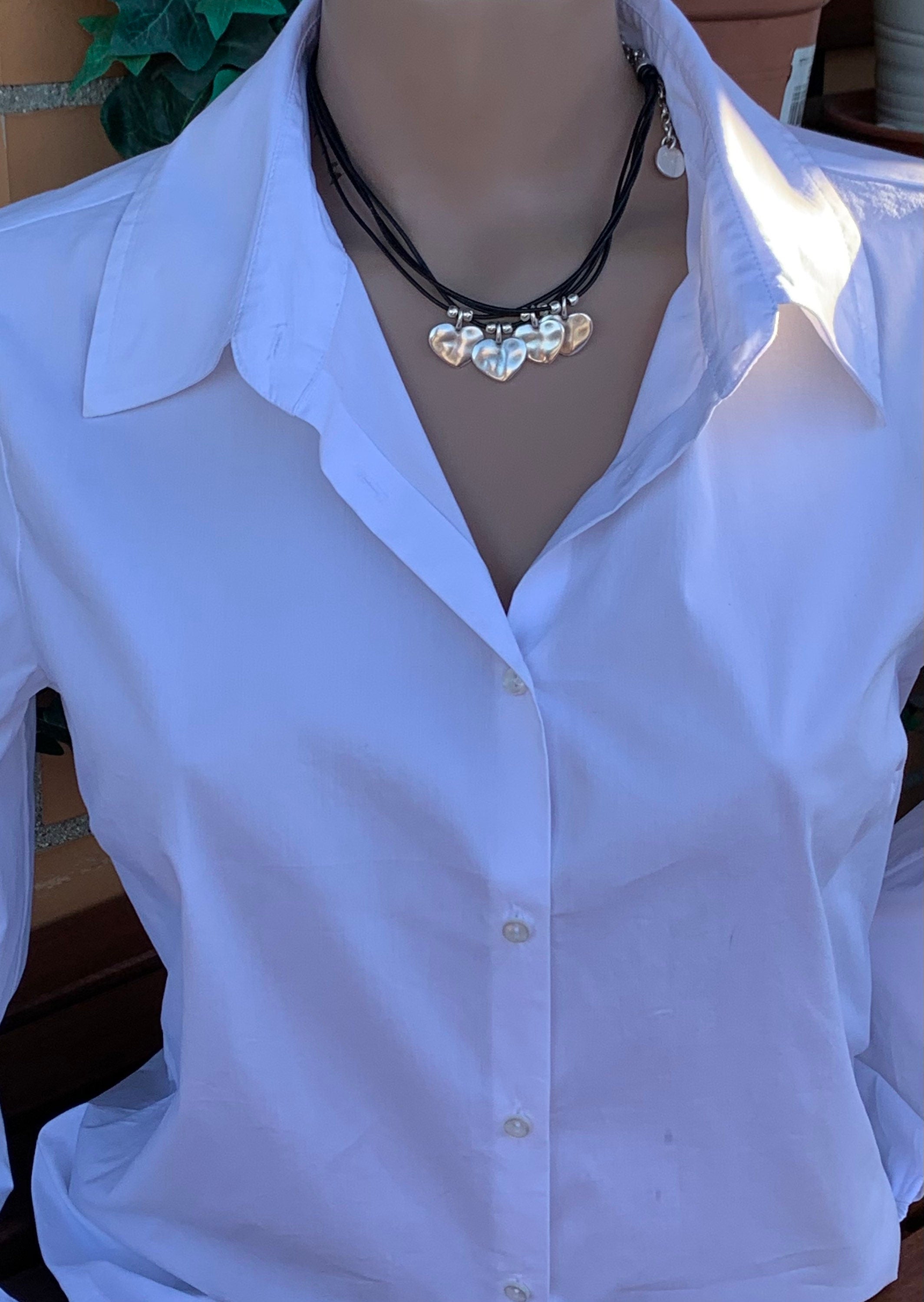 Handmade multi-strand leather choker, layered silver hearts pendant necklace, bohemian jewelry