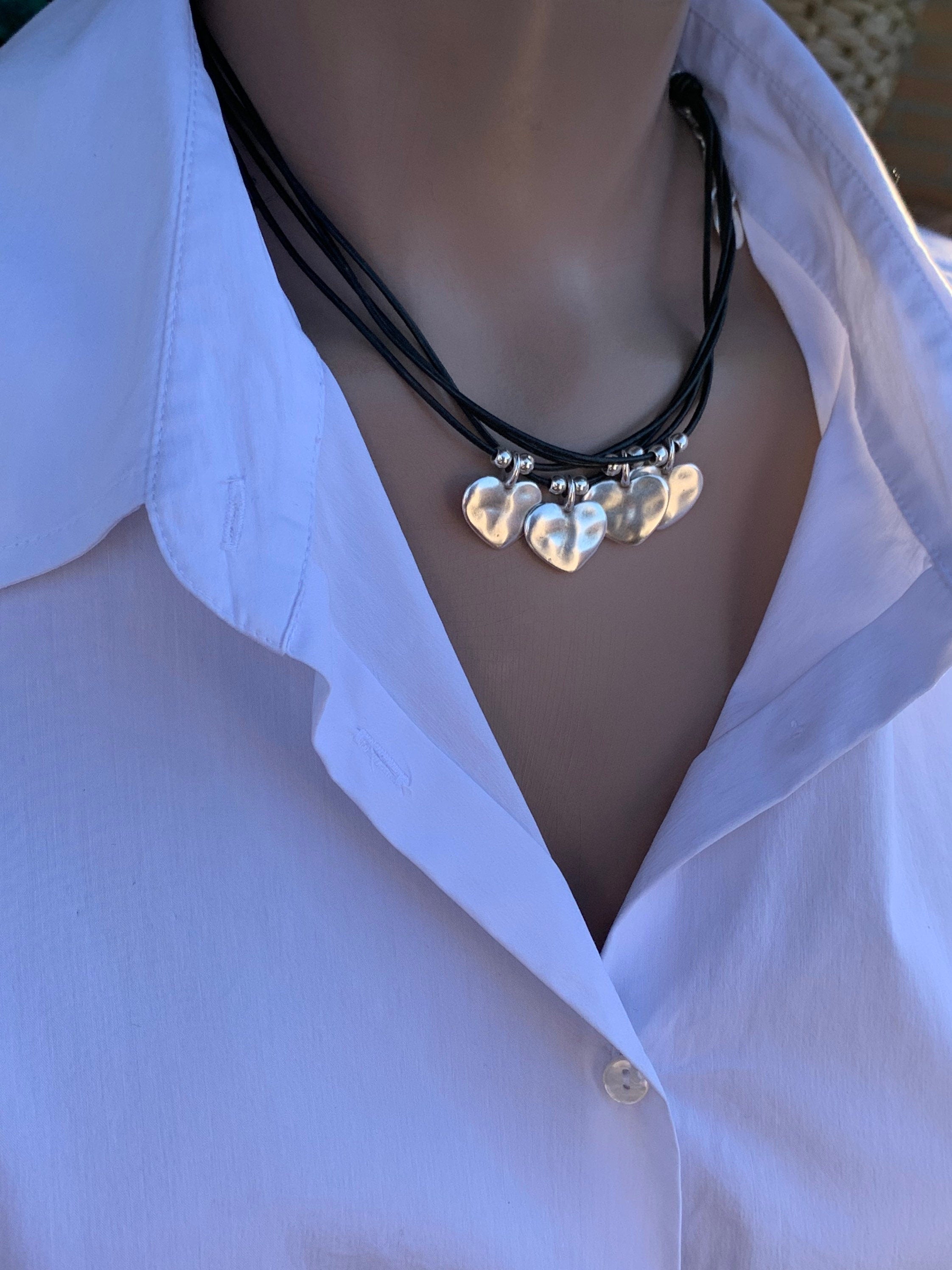 Handmade multi-strand leather choker, layered silver hearts pendant necklace, bohemian jewelry