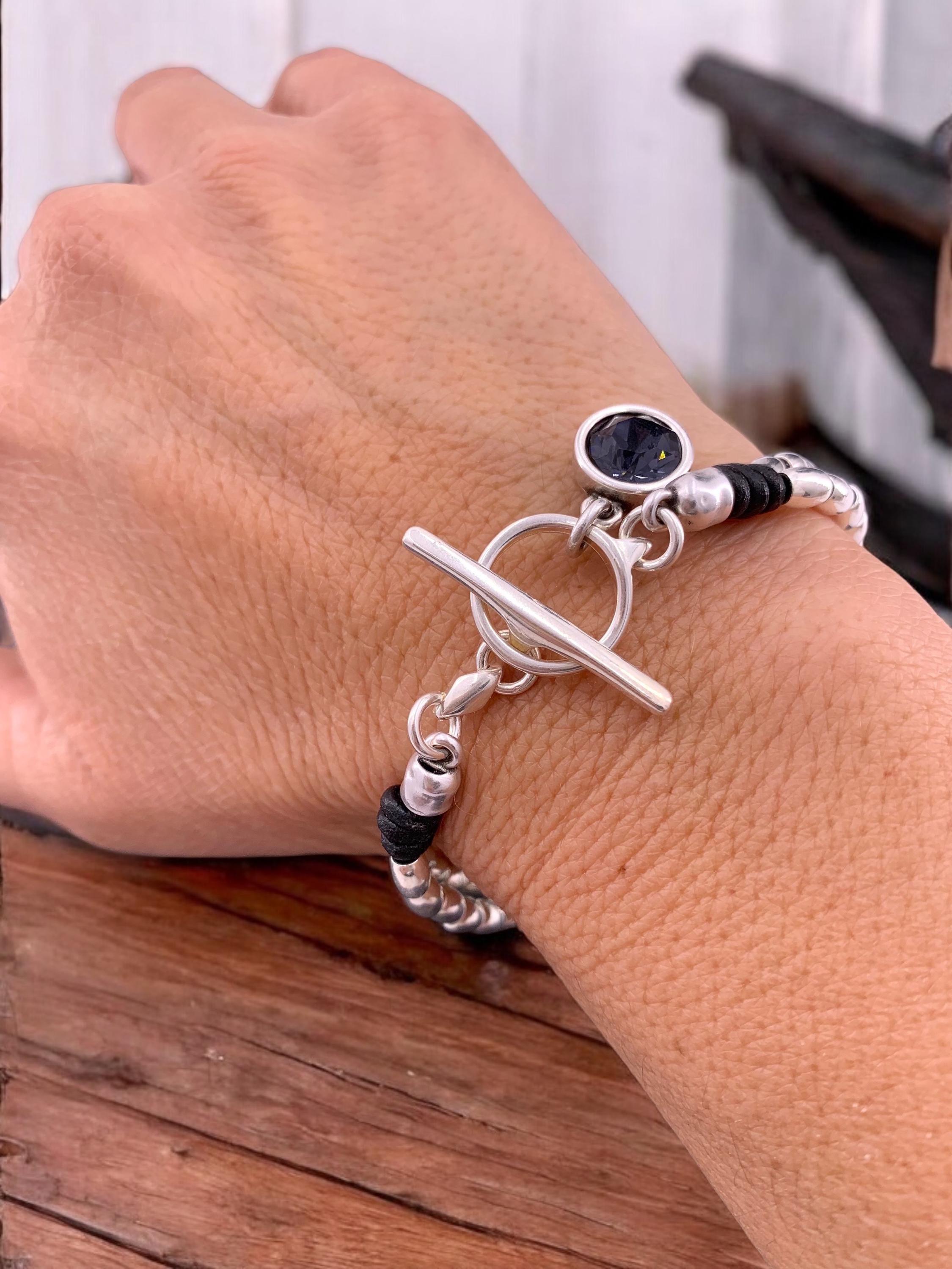Leather bracelet with Swarovski crystal charm, silver beads and toggle clasp, silver beaded bracelet, charm boho bracelet,