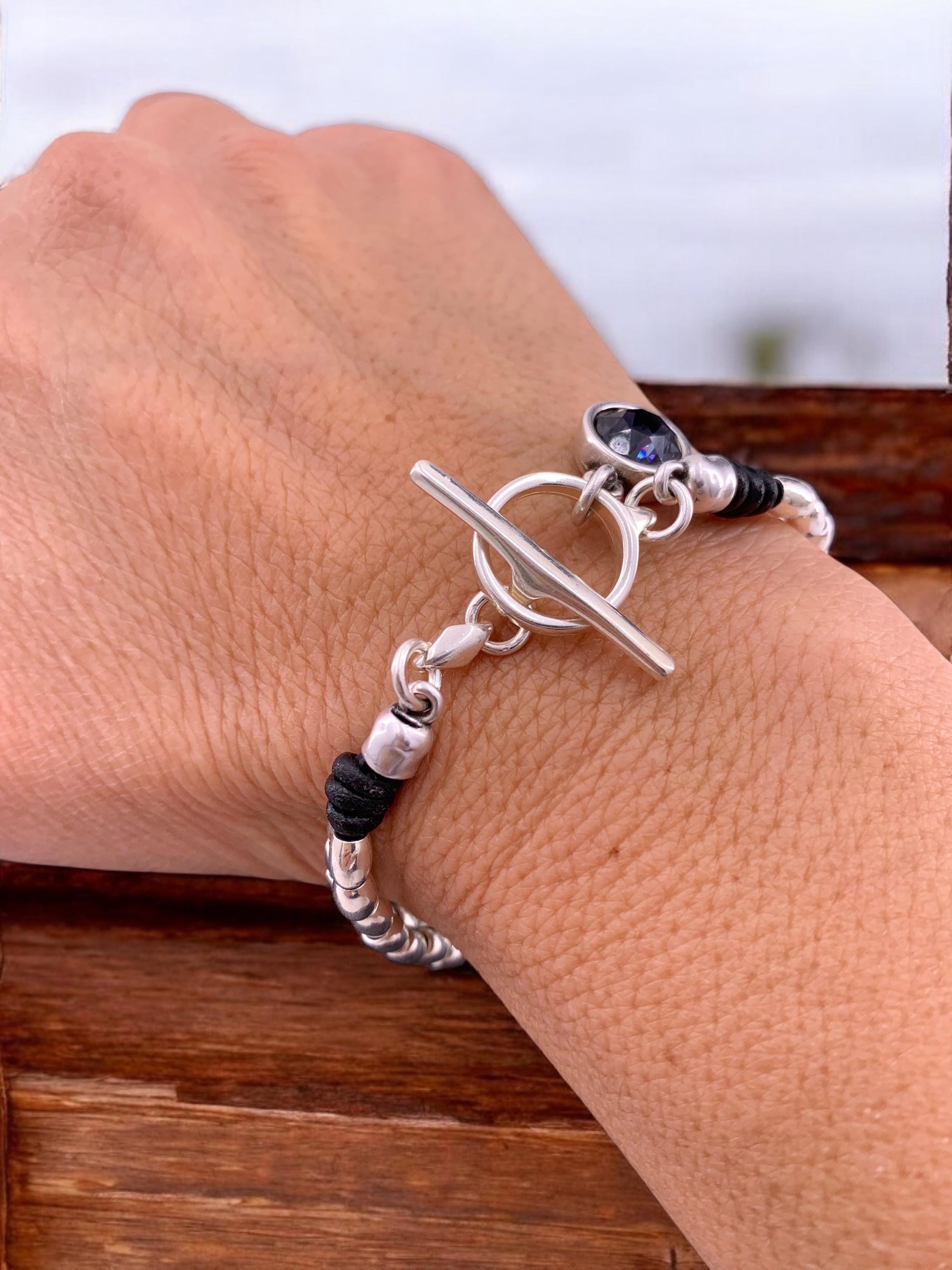Leather bracelet with Swarovski crystal charm, silver beads and toggle clasp, silver beaded bracelet, charm boho bracelet,