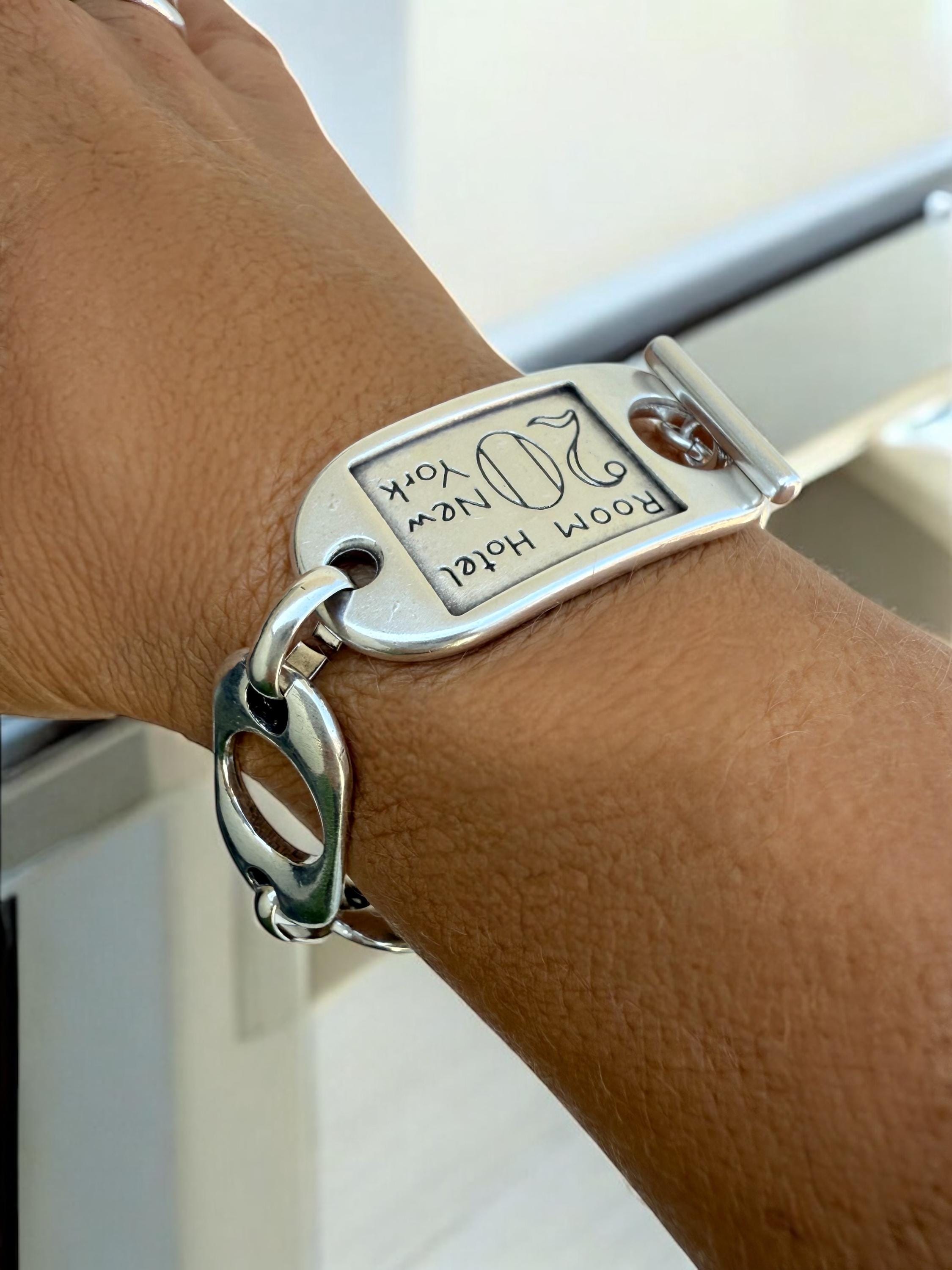 Chunky silver toggle clasp ID card bracelet, industrial style handmade jewelry, bold designed