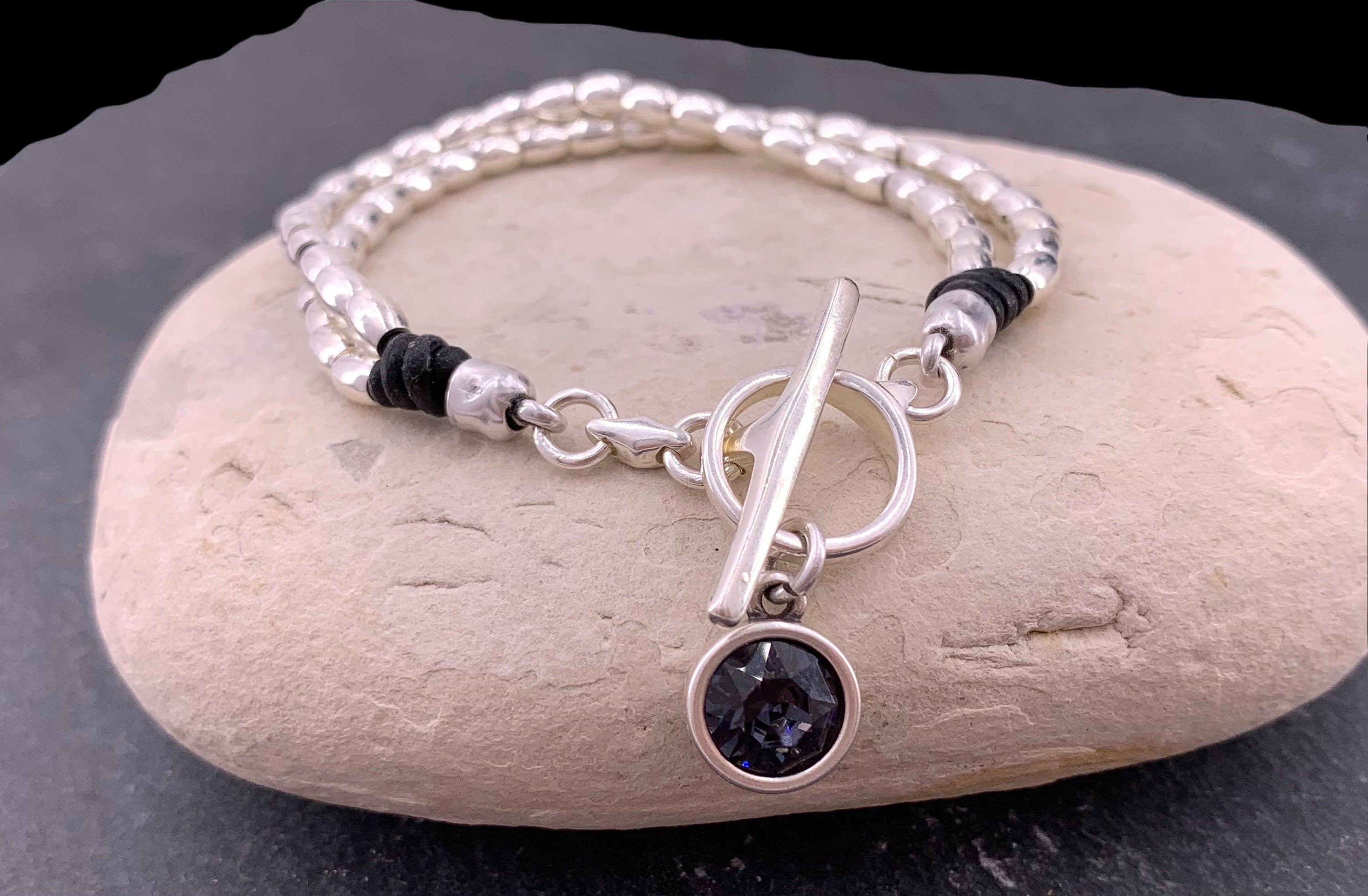 Leather bracelet with Swarovski crystal charm, silver beads and toggle clasp, silver beaded bracelet, charm boho bracelet,