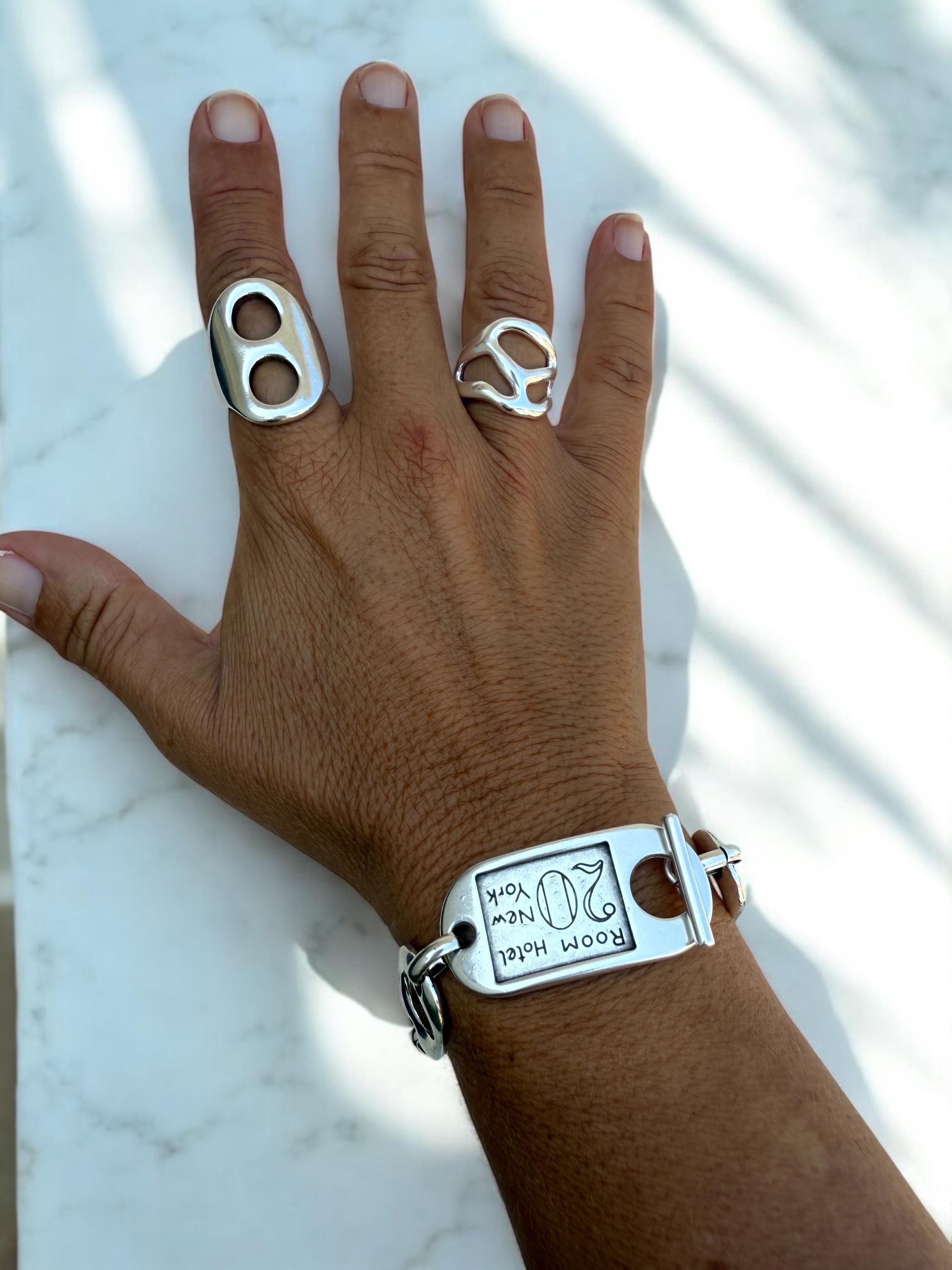 Chunky silver toggle clasp ID card bracelet, industrial style handmade jewelry, bold designed