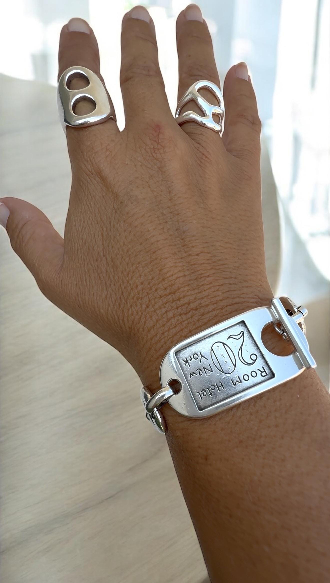Chunky silver toggle clasp ID card bracelet, industrial style handmade jewelry, bold designed