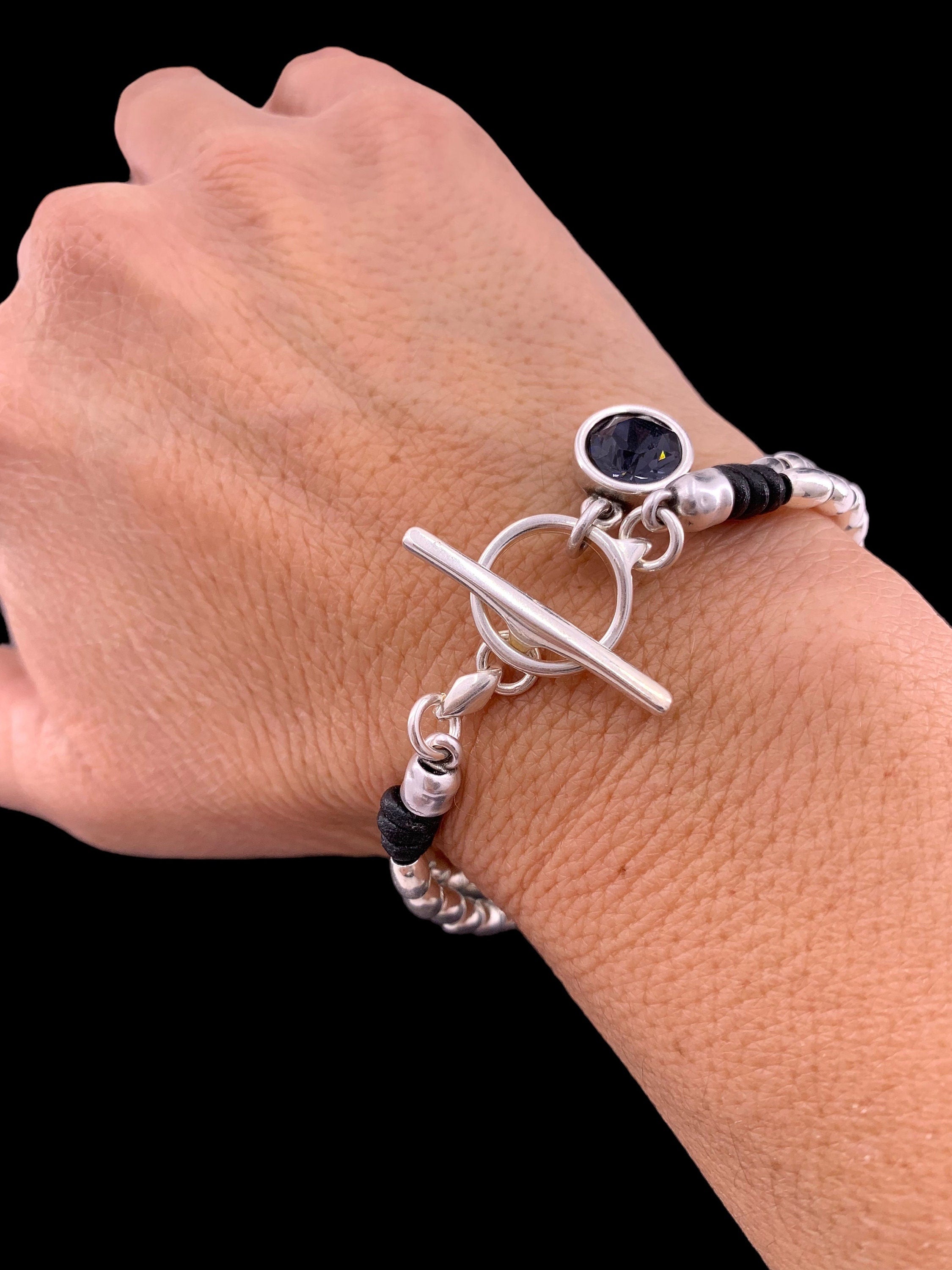 Leather bracelet with Swarovski crystal charm, silver beads and toggle clasp, silver beaded bracelet, charm boho bracelet,