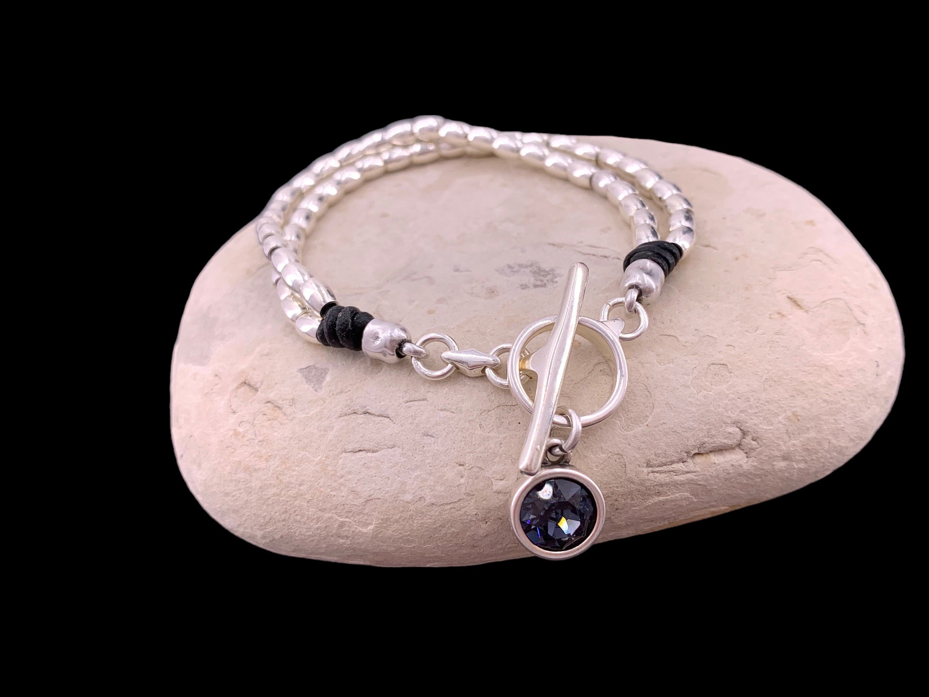 Leather bracelet with Swarovski crystal charm, silver beads and toggle clasp, silver beaded bracelet, charm boho bracelet,