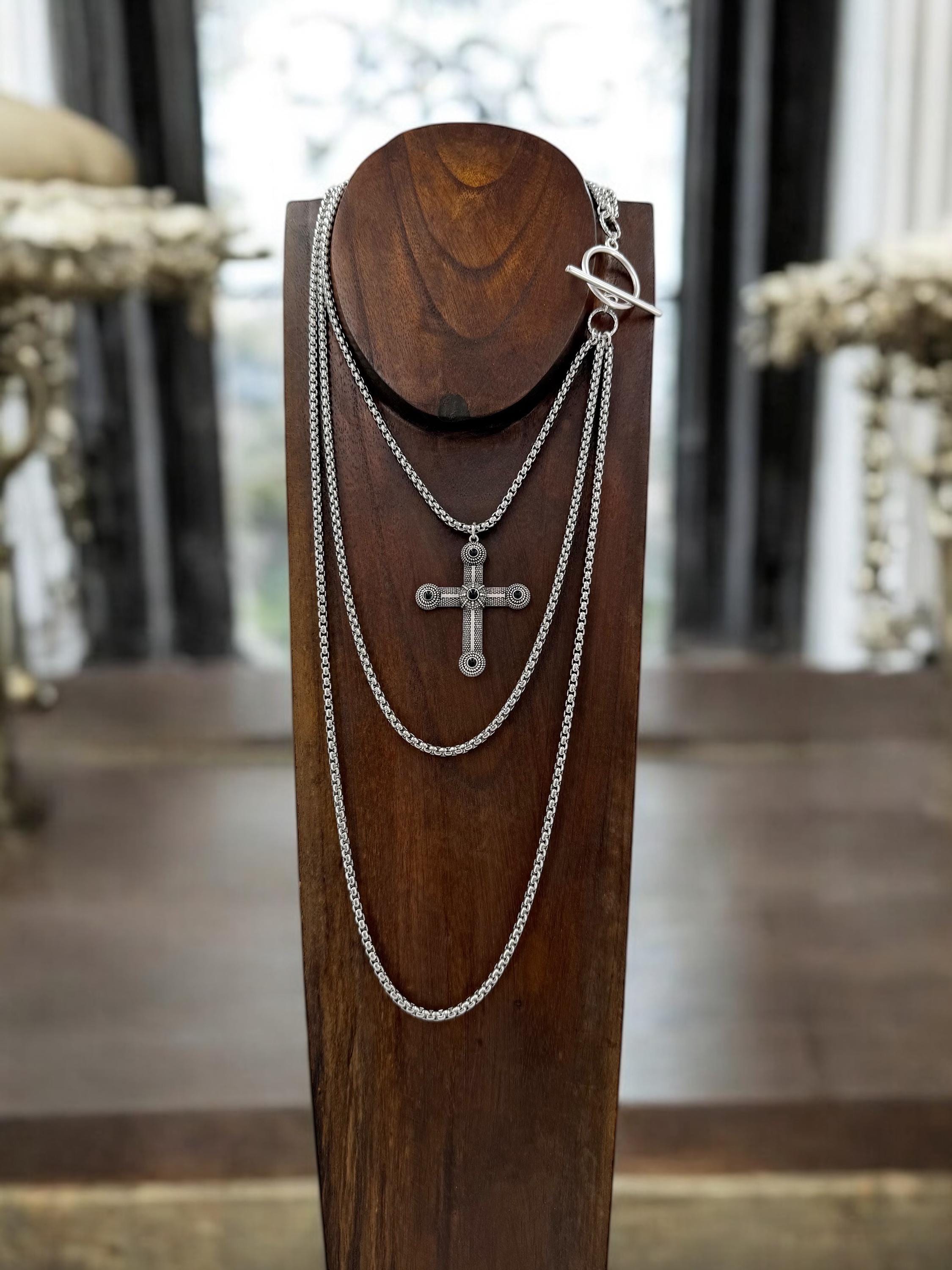 Triple Layer Dark Silver Chain long Necklace – Black Enamel Cross Pendant – Toggle Clasp – Bold Jewelry – Handmade Gift, Scultural necklace