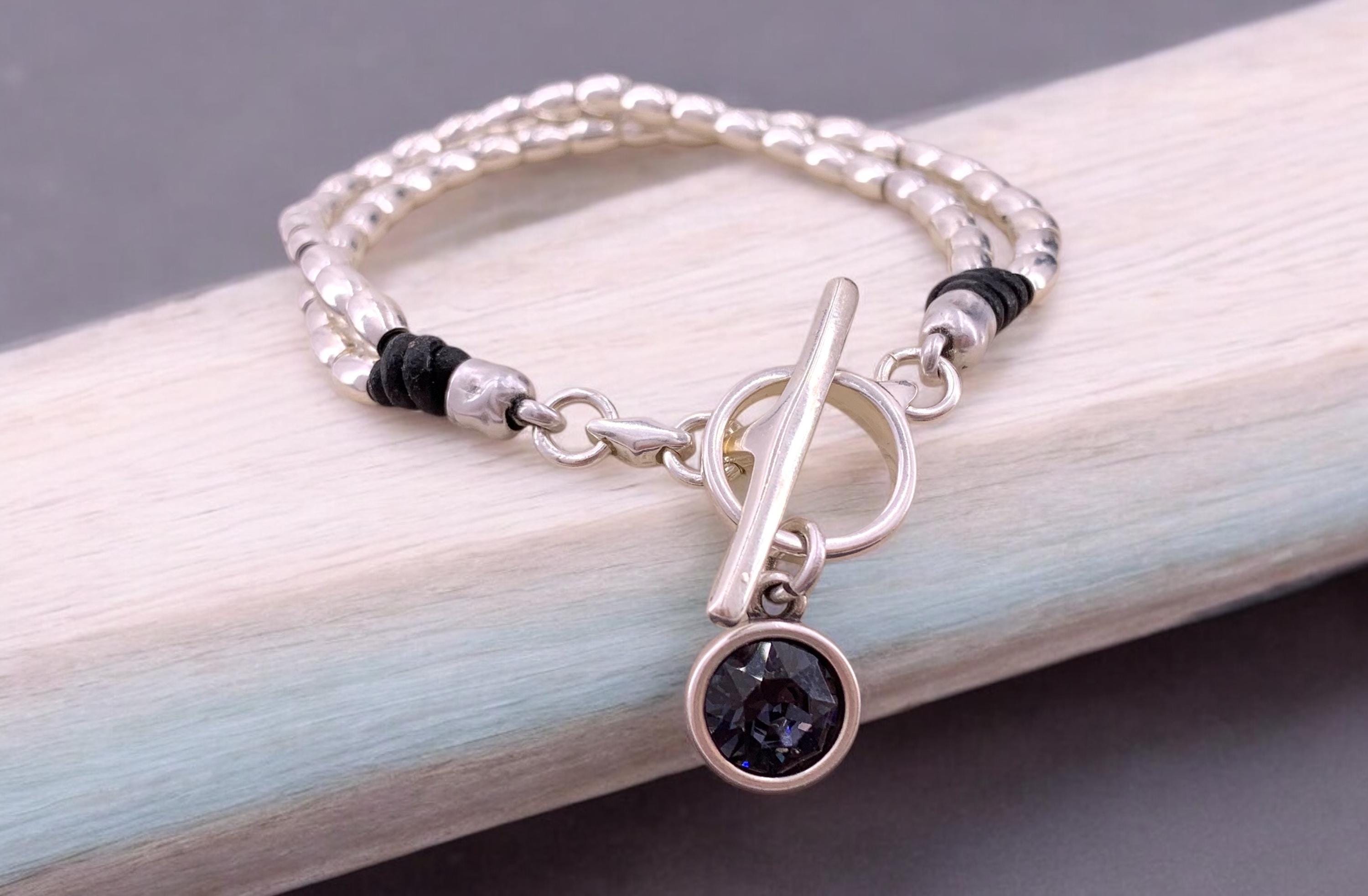 Leather bracelet with Swarovski crystal charm, silver beads and toggle clasp, silver beaded bracelet, charm boho bracelet,