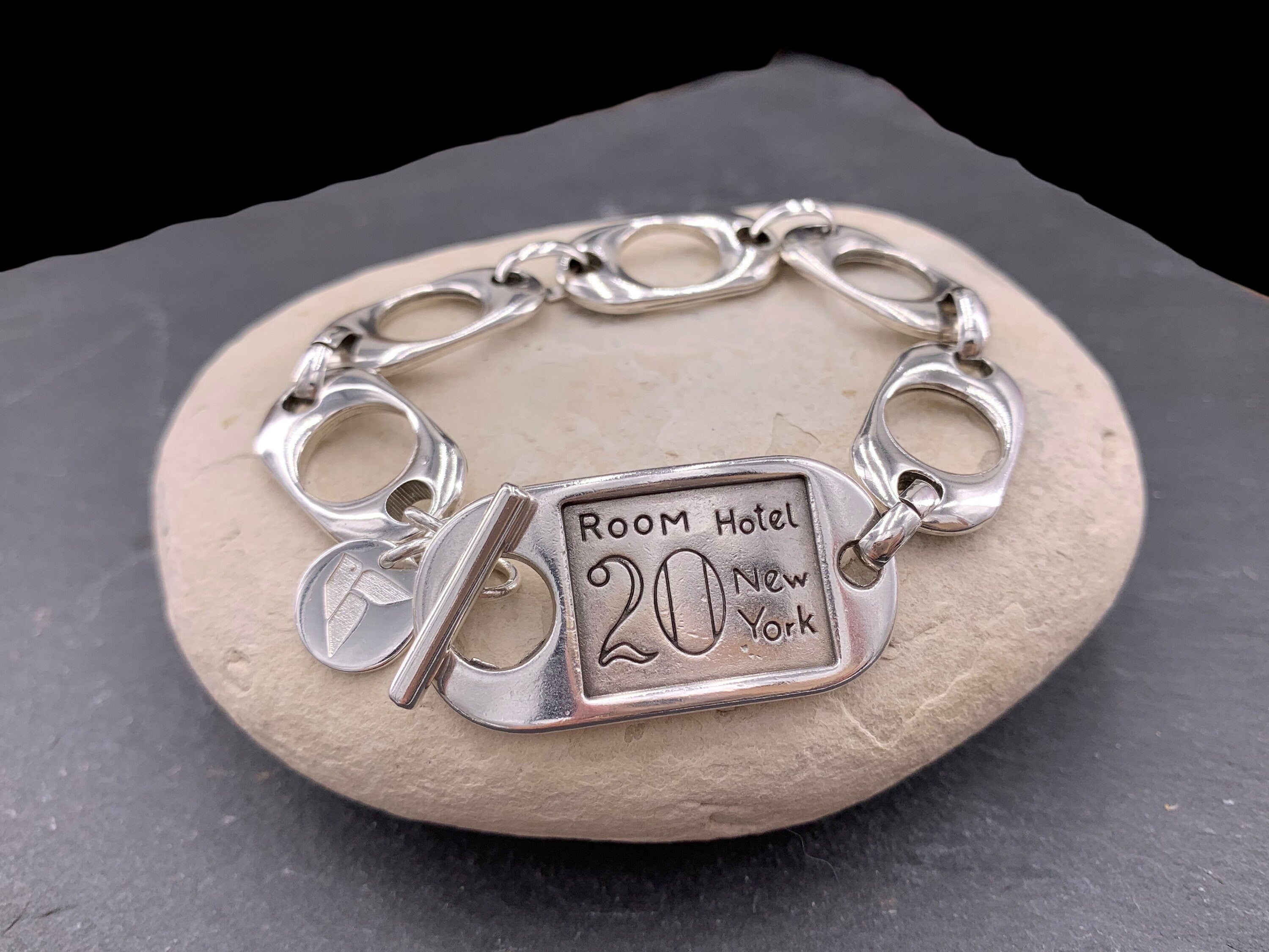 Chunky silver toggle clasp ID card bracelet, industrial style handmade jewelry, bold designed