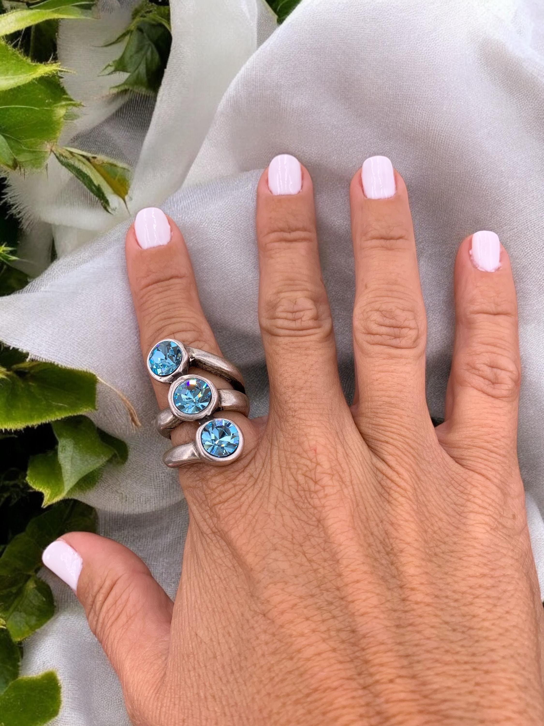 Chunky Silver Swarovski Ring – Oversized Statement Jewelry – US Size 8 – 17 Crystal Colors – Handmade Gift for Her