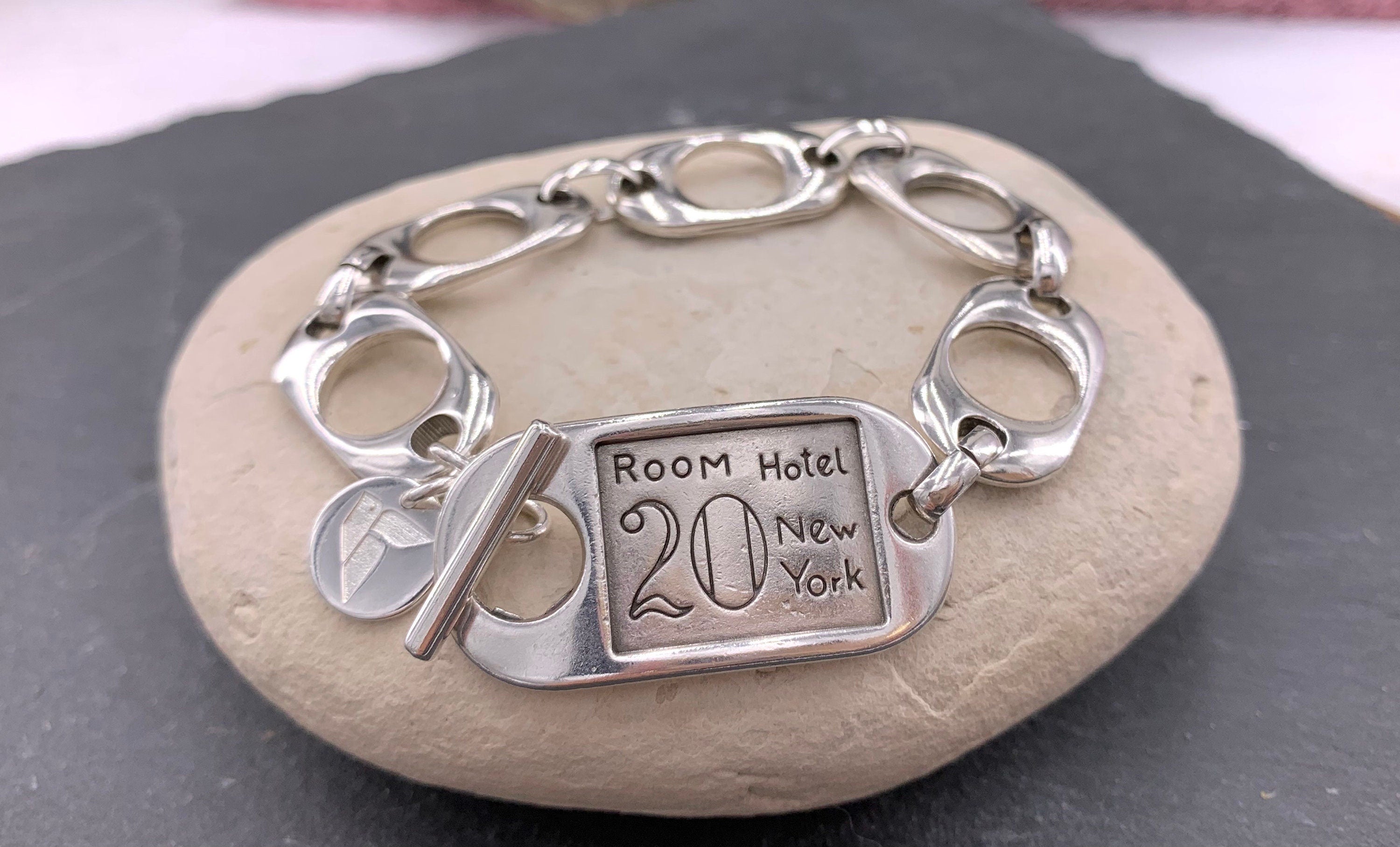 Chunky silver toggle clasp ID card bracelet, industrial style handmade jewelry, bold designed
