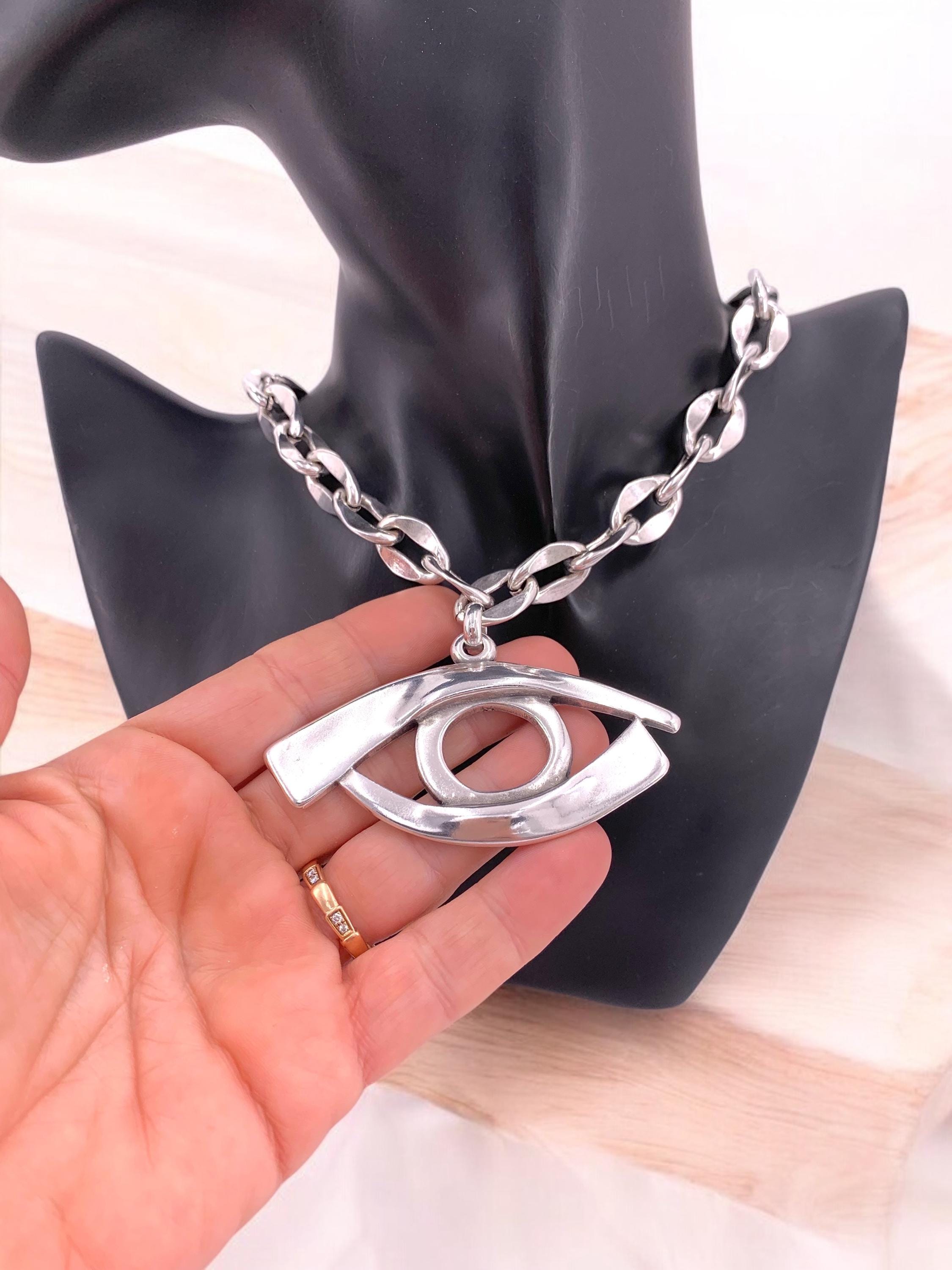 Statement protector eye pendant, chunky silver heavy chain necklace, big pendant silver chain necklace, solid necklace, chunky silver choker