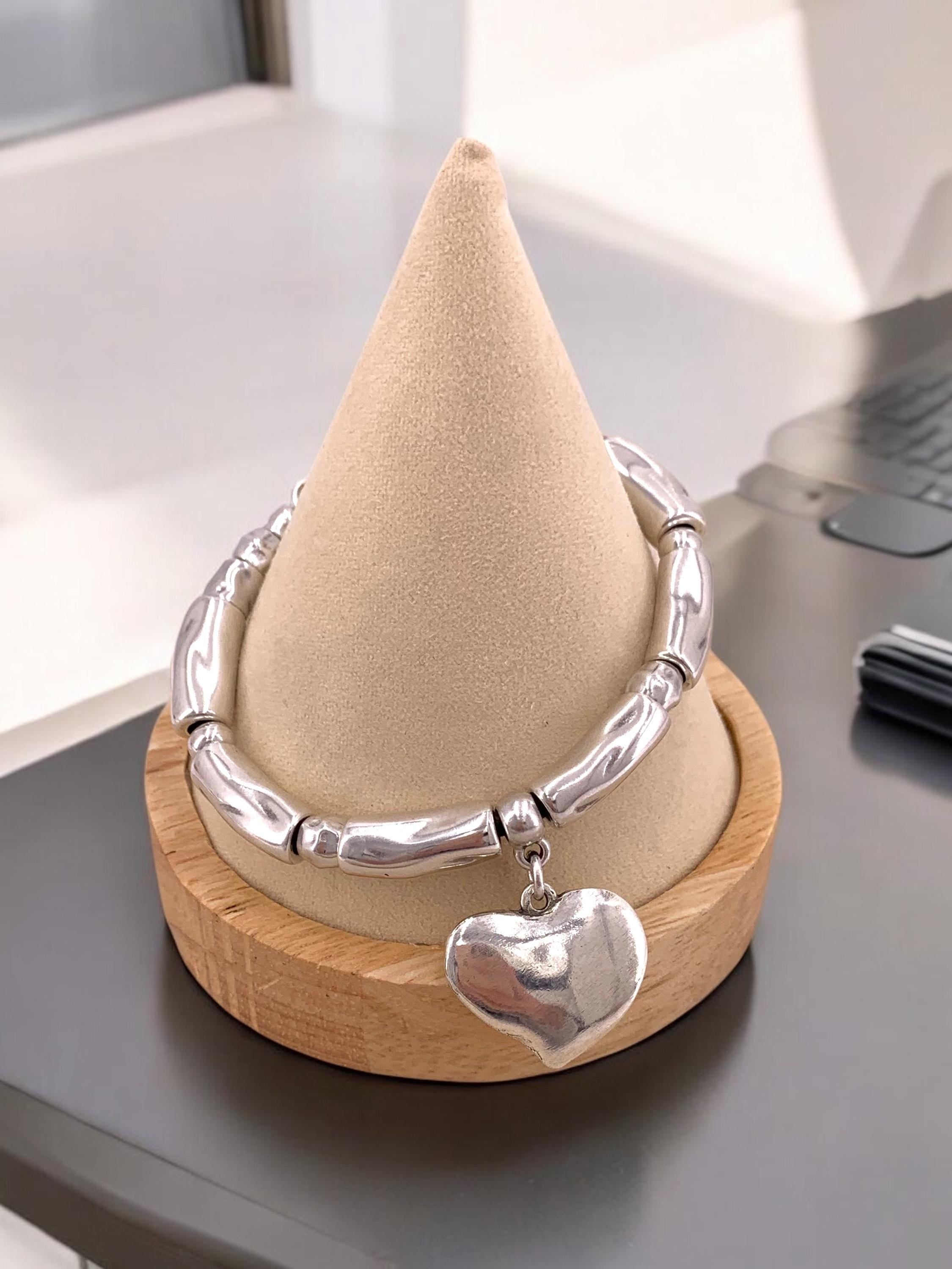 Chunky Silver Heart Bracelet – Bold Statement Jewelry – Adjustable Fit – Uno de 50 Inspired – Handmade Gift for Her, statement silver cuff