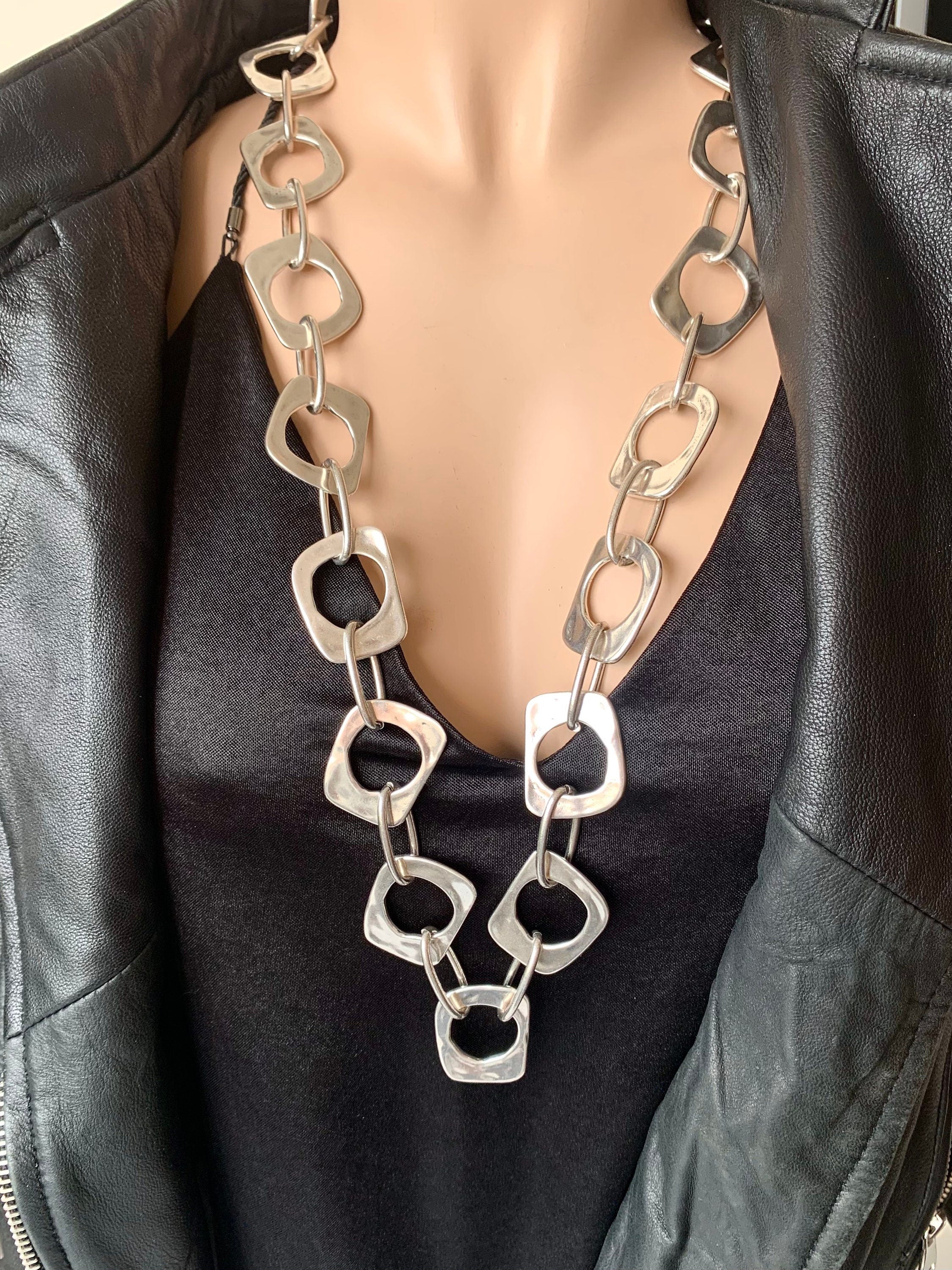 Chunky Long Silver Link Necklace – Bold Statement Jewelry – Toggle Clasp – Uno de 50 Inspired – Custom Length – Handmade Gift