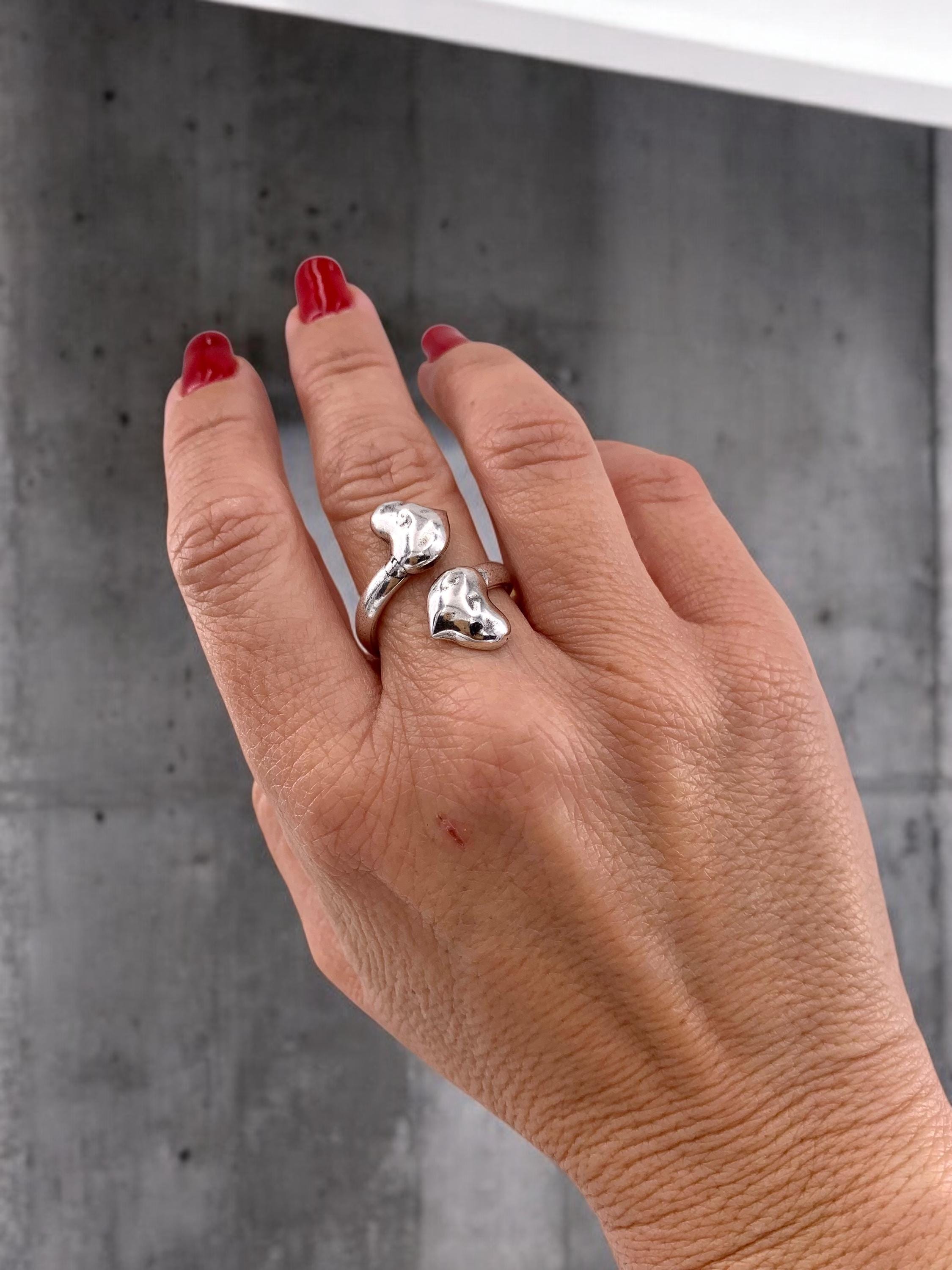 wide open band ring with two silver hearts, ring to give to a special woman, gifts made with love, chunky silver ring, heart ring, love ring