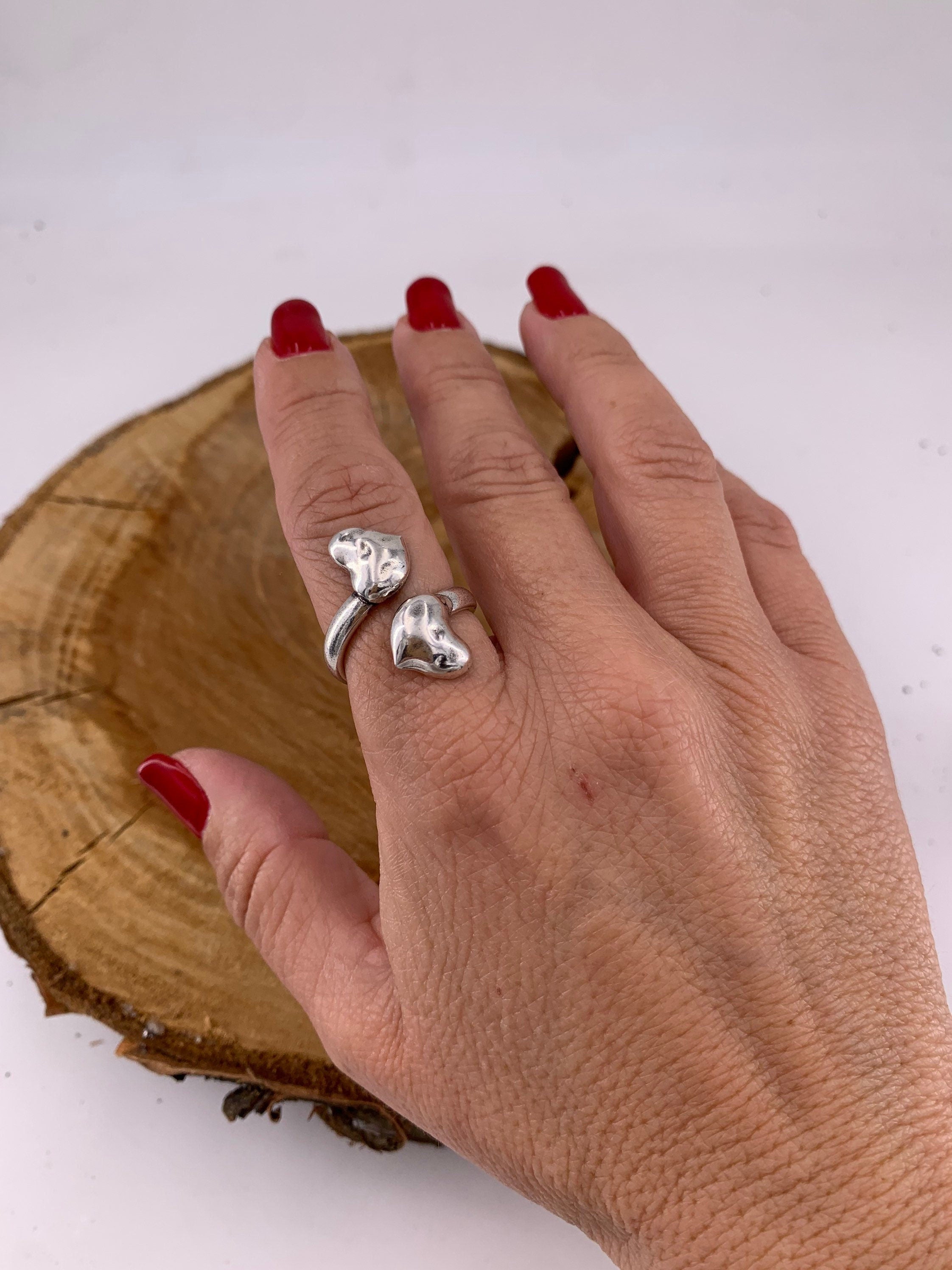wide open band ring with two silver hearts, ring to give to a special woman, gifts made with love, chunky silver ring, heart ring, love ring