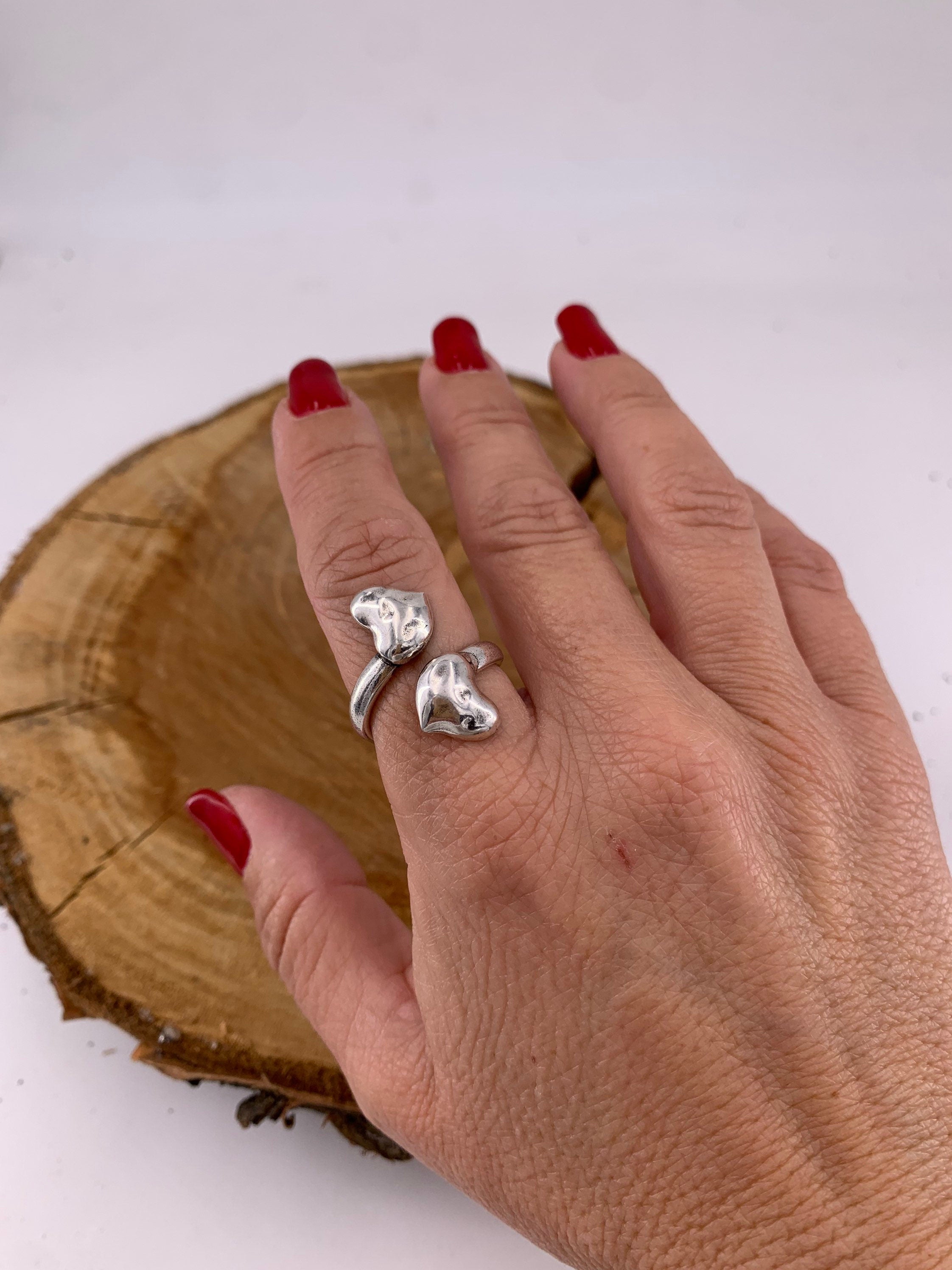 wide open band ring with two silver hearts, ring to give to a special woman, gifts made with love, chunky silver ring, heart ring, love ring