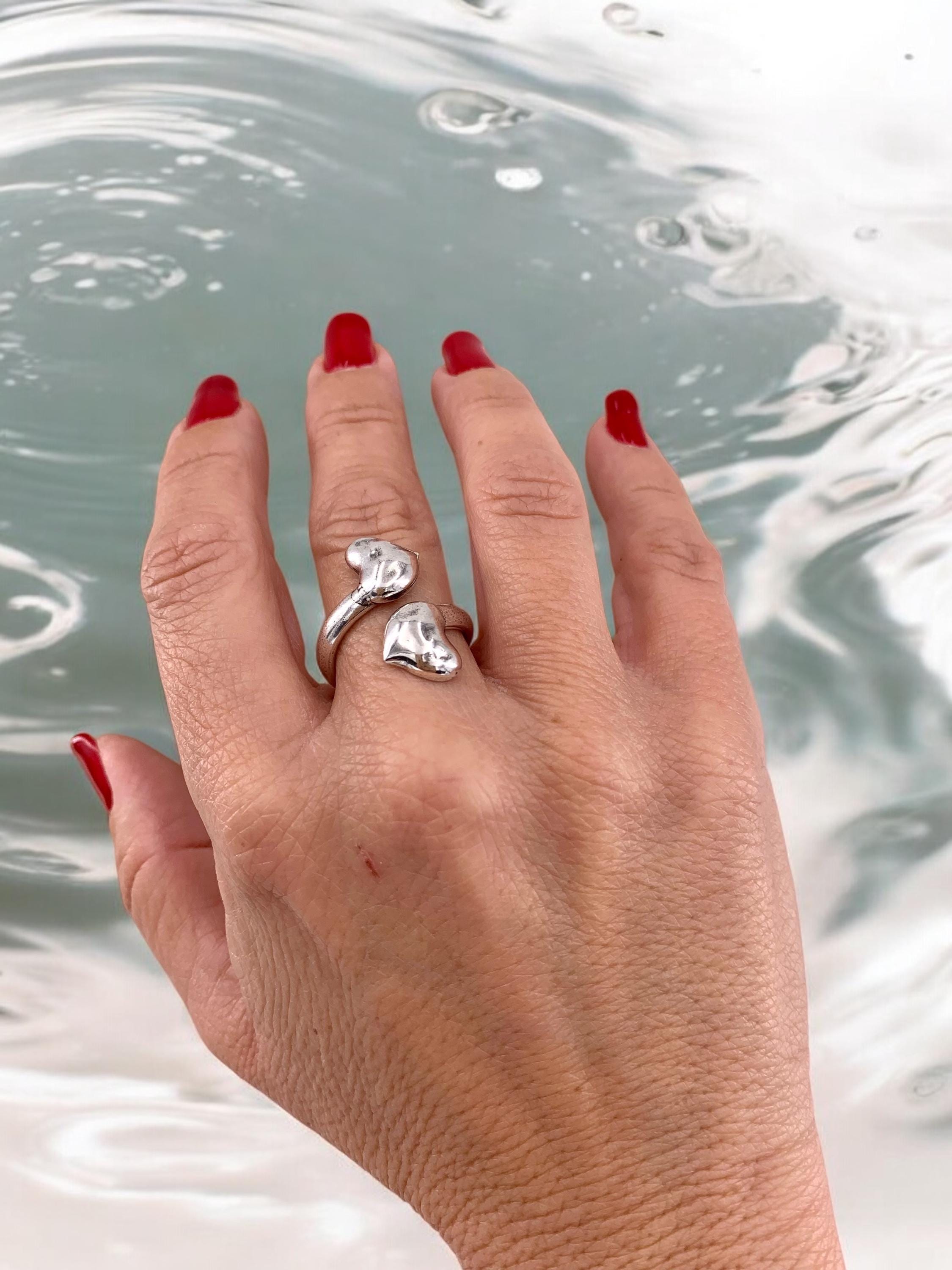 wide open band ring with two silver hearts, ring to give to a special woman, gifts made with love, chunky silver ring, heart ring, love ring