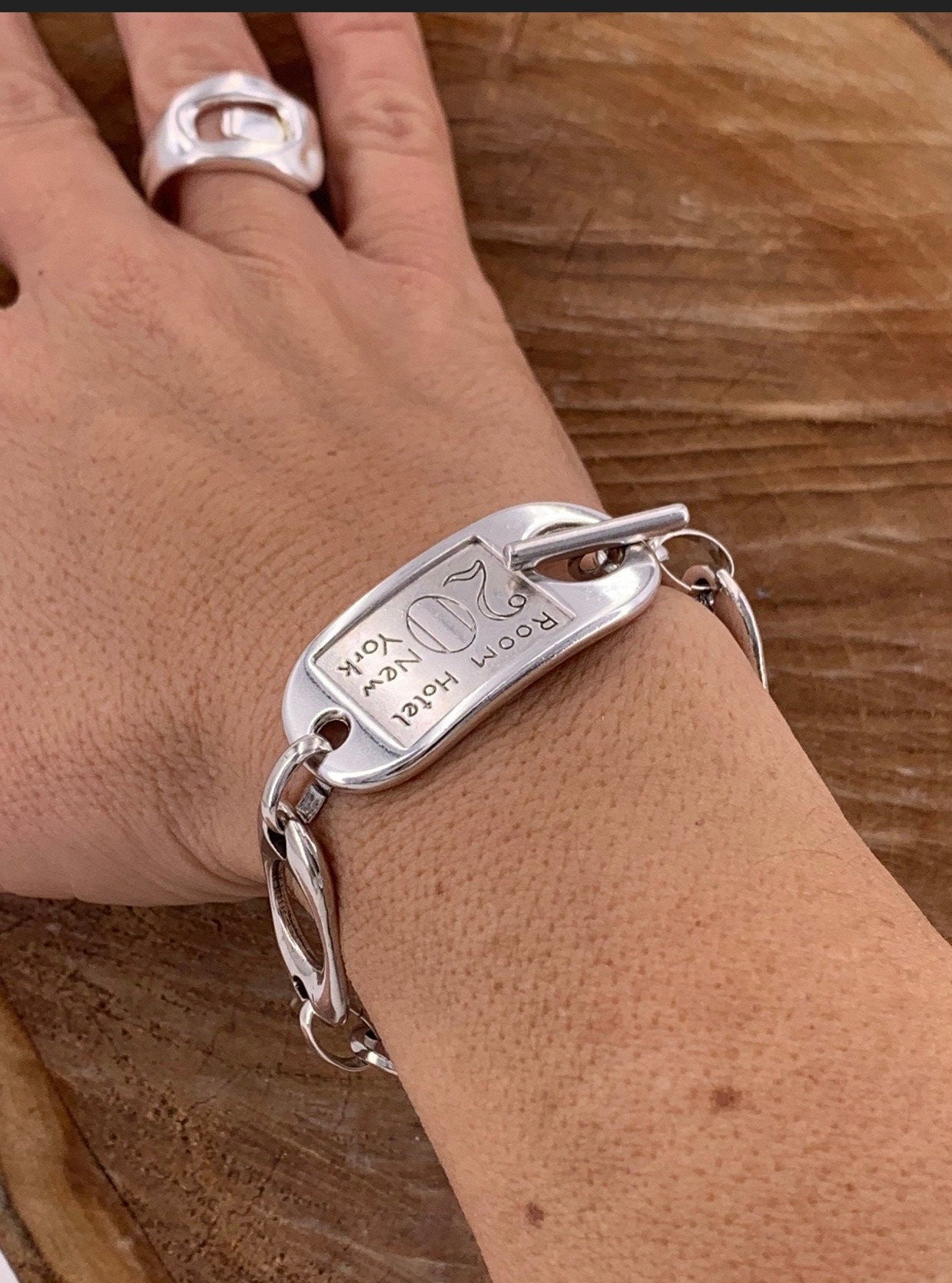 Chunky chain silver bracelet with ID toggle clasp, handmade bold customized jewelry