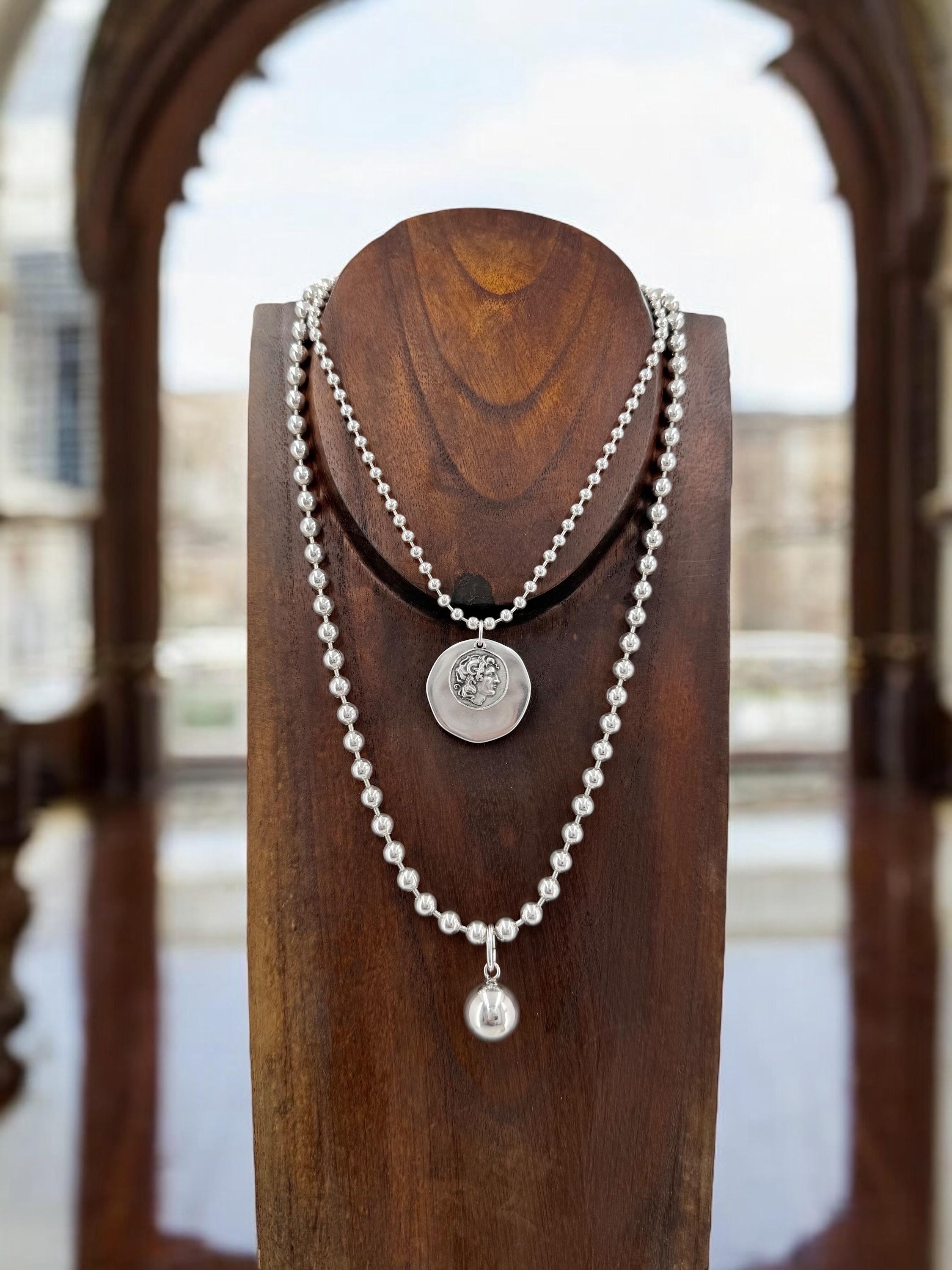 Silver Ball chain necklace with statement coin pendant, big circle pendant necklace, Christmas gift, uno de 50 style, Greek coin necklace