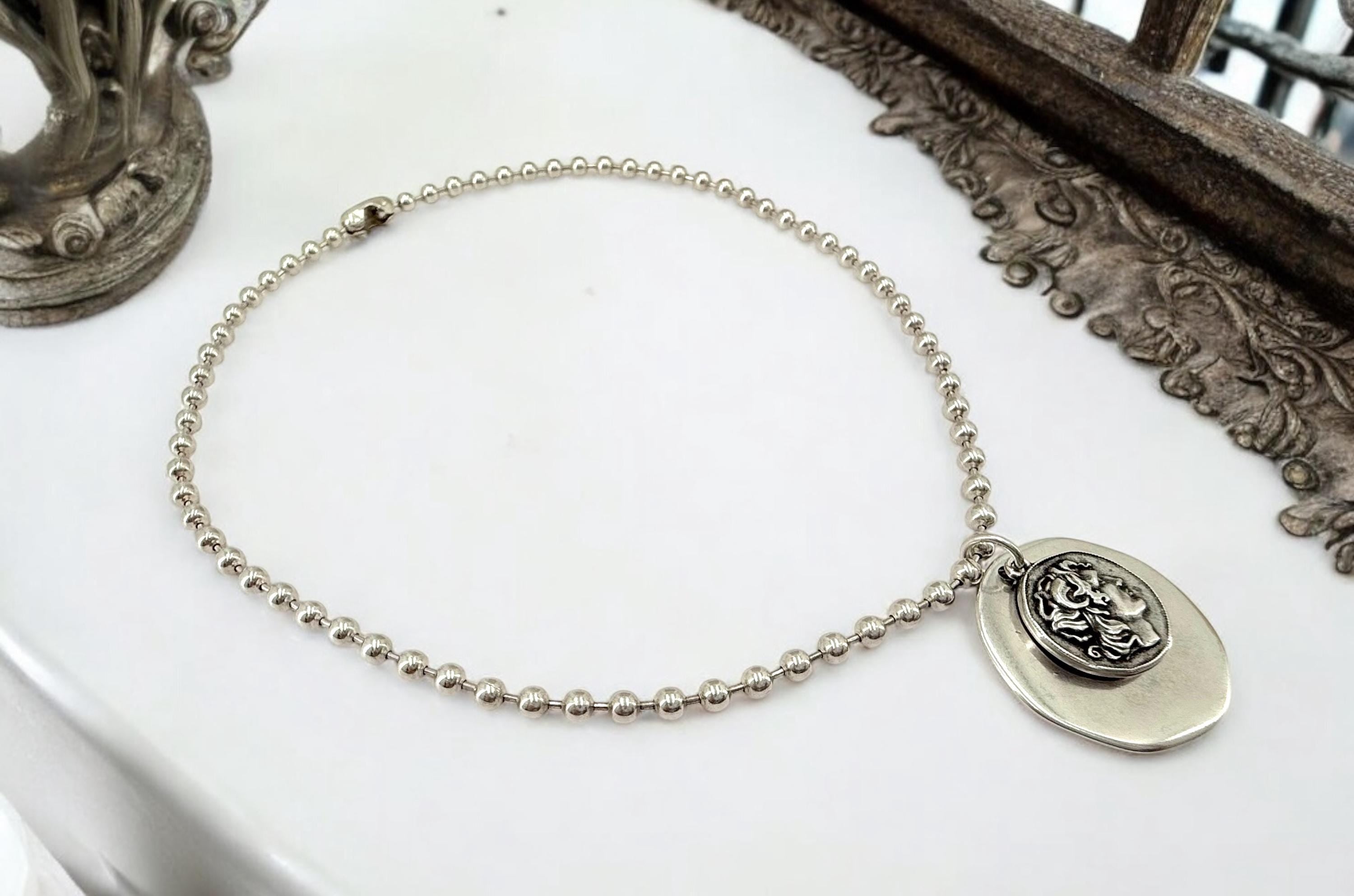 Silver Ball chain necklace with statement coin pendant, big circle pendant necklace, Christmas gift, uno de 50 style, Greek coin necklace