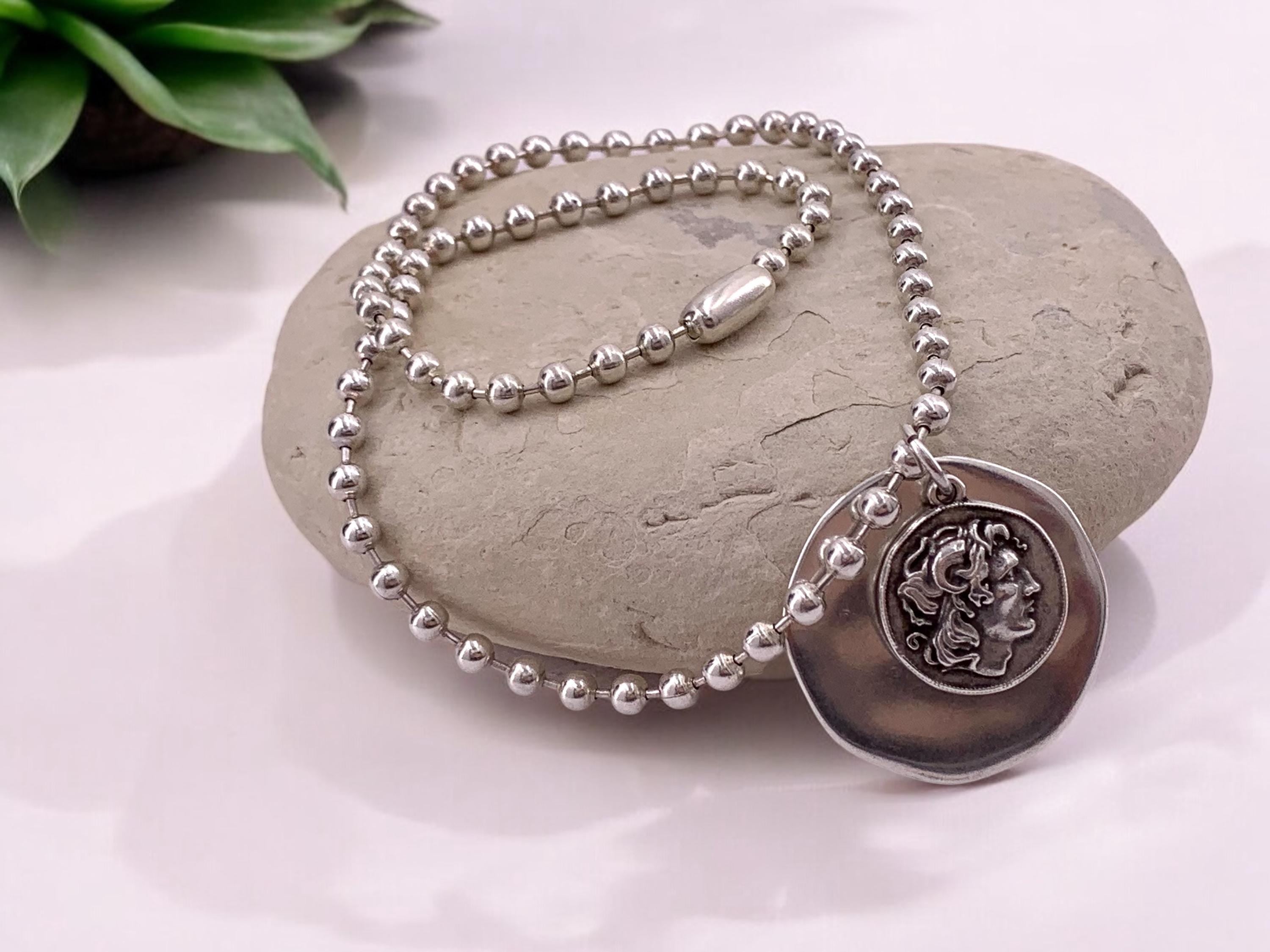 Silver Ball chain necklace with statement coin pendant, big circle pendant necklace, Christmas gift, uno de 50 style, Greek coin necklace