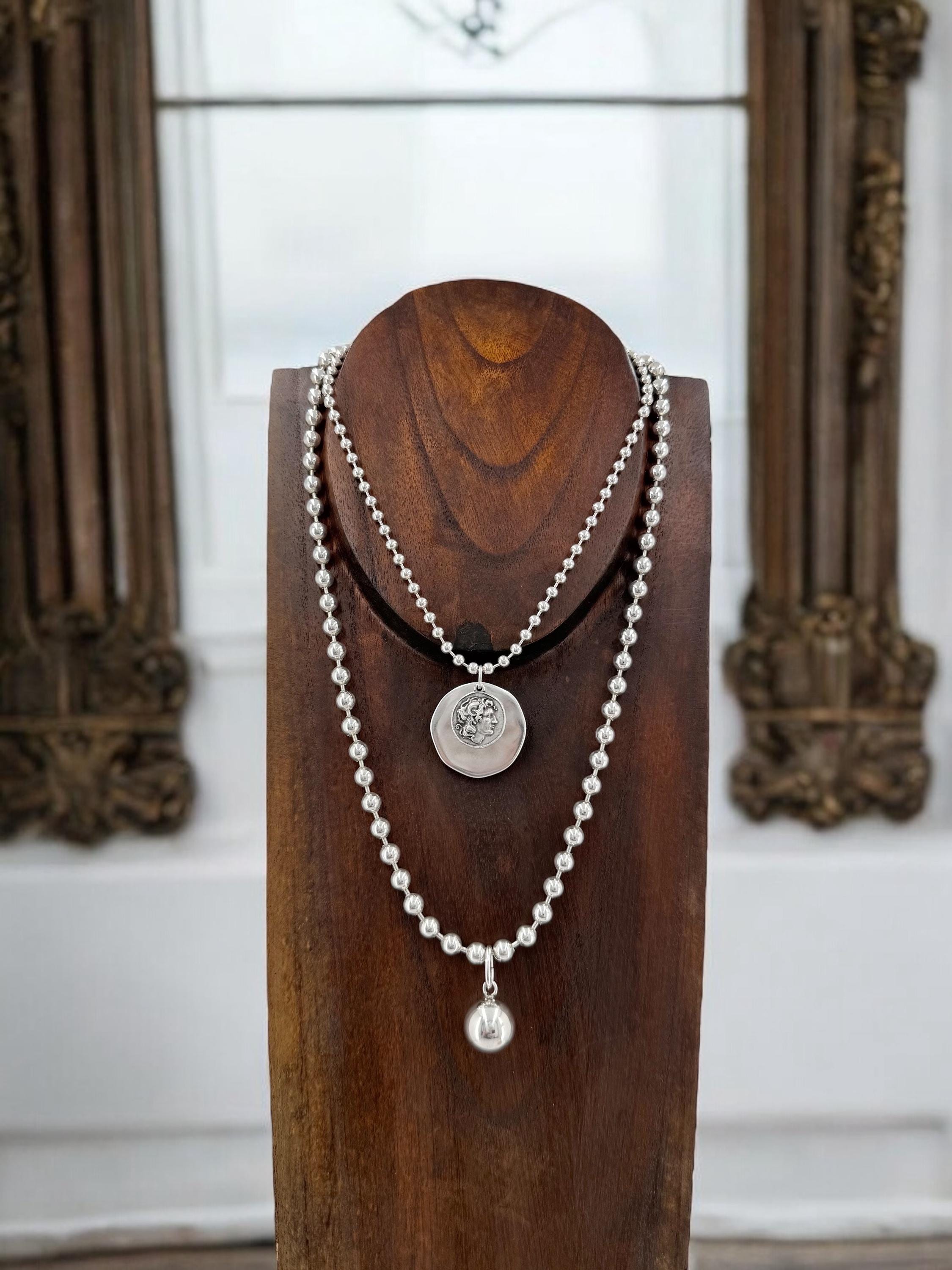 Silver Ball chain necklace with statement coin pendant, big circle pendant necklace, Christmas gift, uno de 50 style, Greek coin necklace