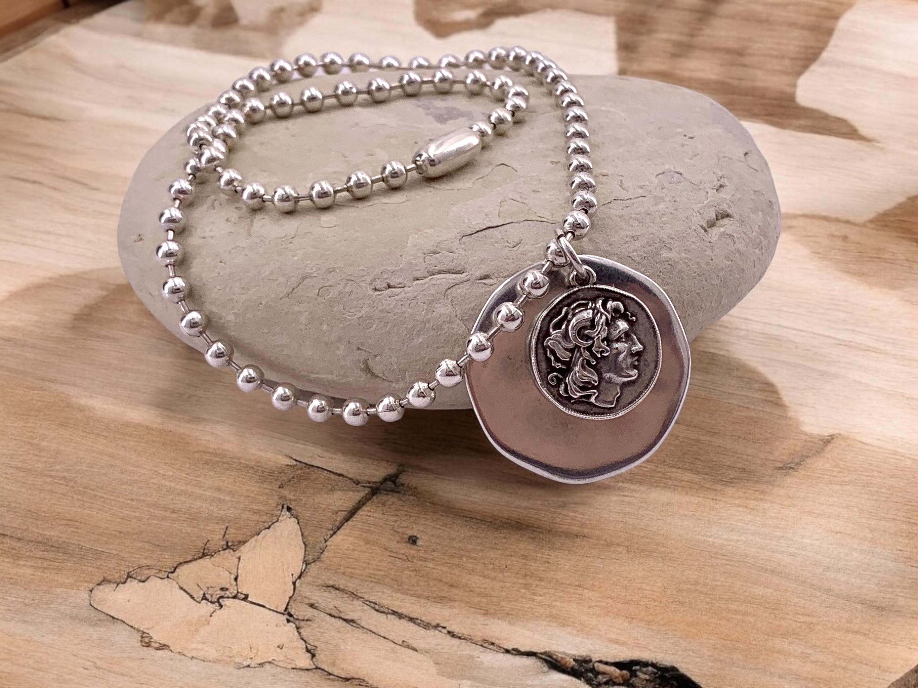 Silver Ball chain necklace with statement coin pendant, big circle pendant necklace, Christmas gift, uno de 50 style, Greek coin necklace