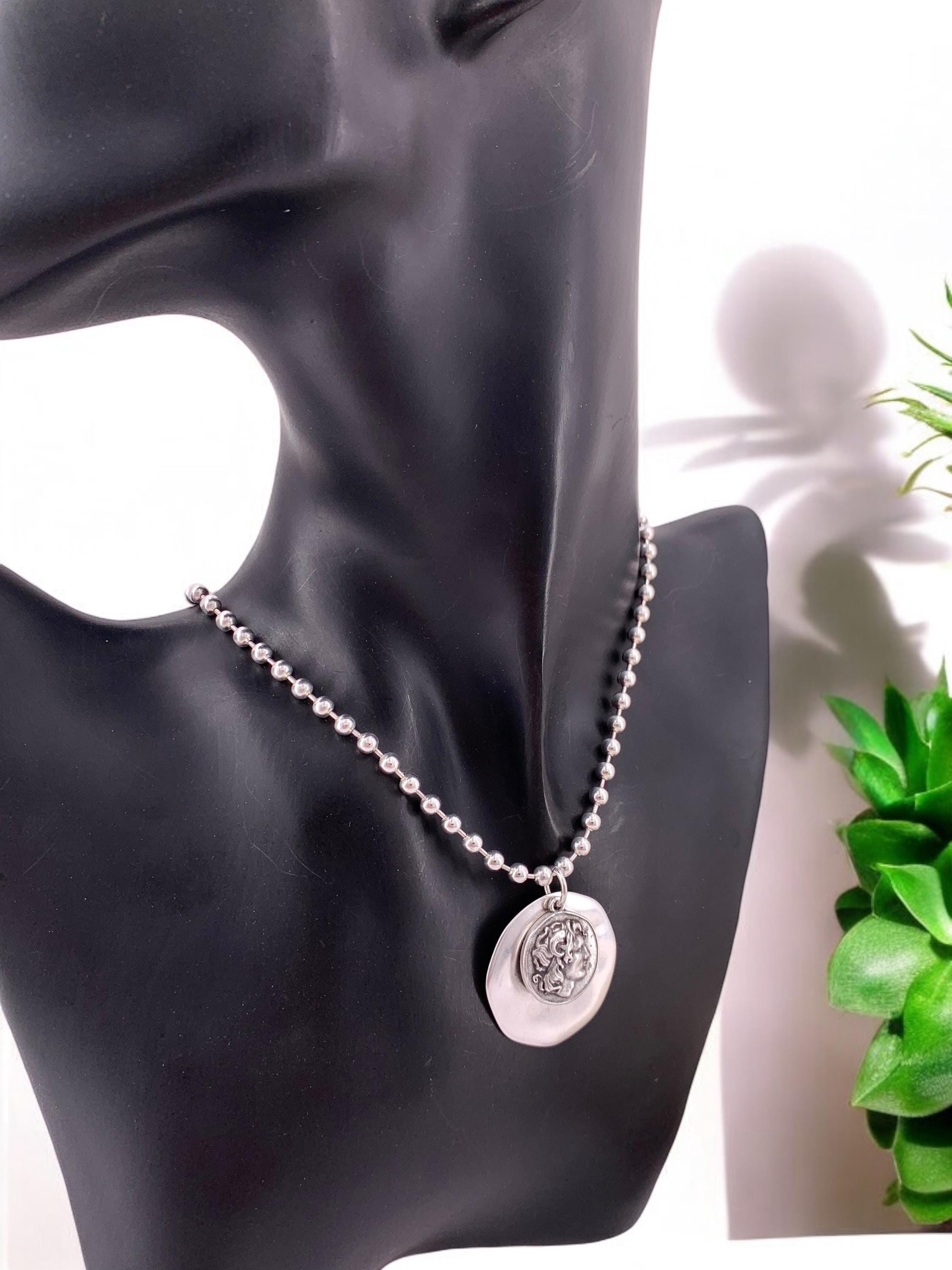 Silver Ball chain necklace with statement coin pendant, big circle pendant necklace, Christmas gift, uno de 50 style, Greek coin necklace