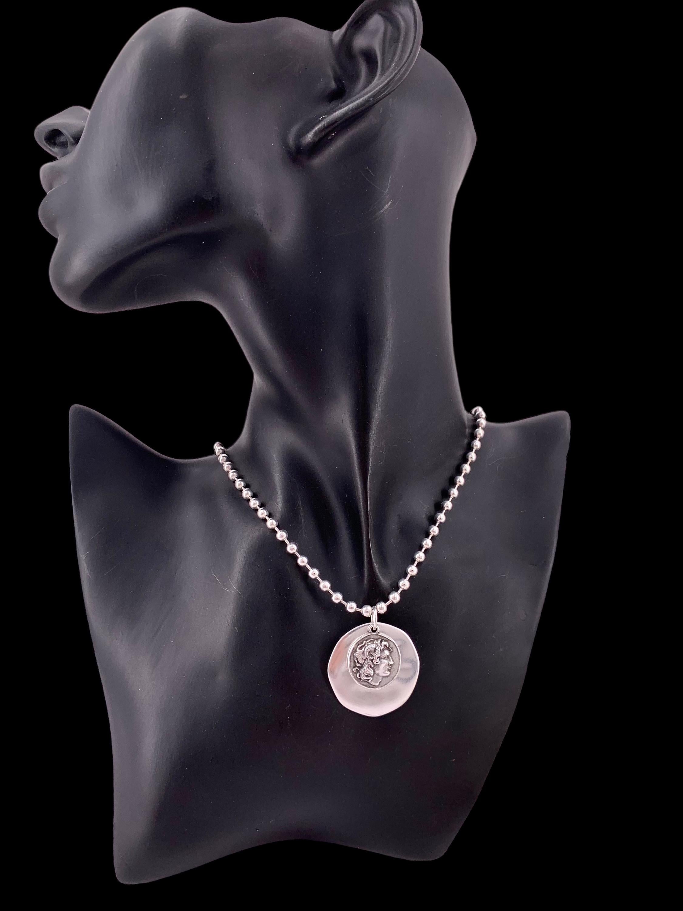 Silver Ball chain necklace with statement coin pendant, big circle pendant necklace, Christmas gift, uno de 50 style, Greek coin necklace