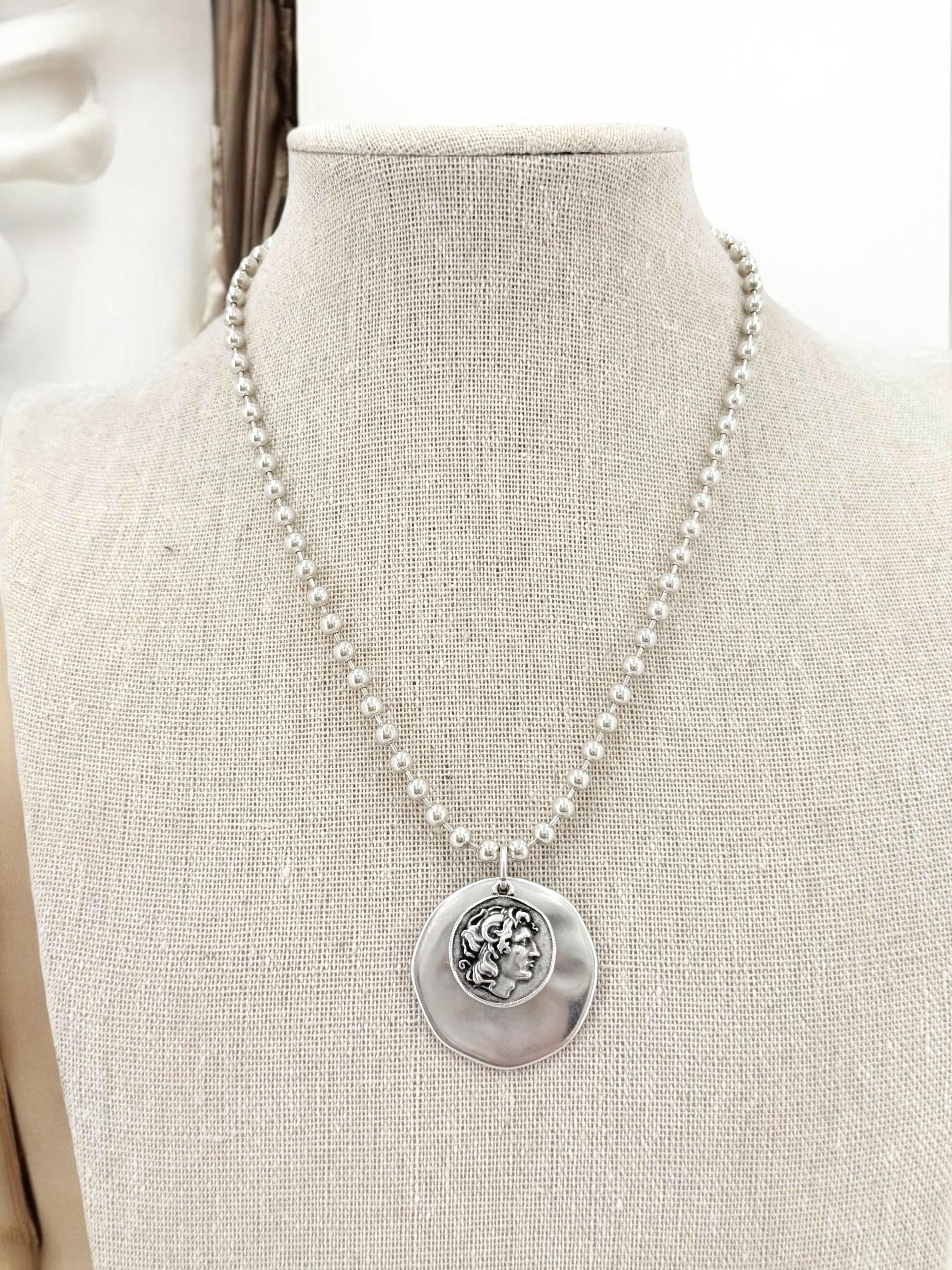 Silver Ball chain necklace with statement coin pendant, big circle pendant necklace, Christmas gift, uno de 50 style, Greek coin necklace