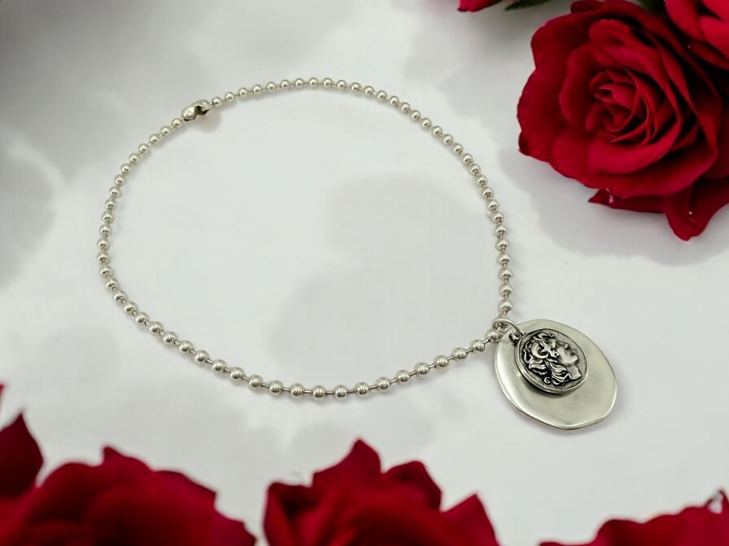 Silver Ball chain necklace with statement coin pendant, big circle pendant necklace, Christmas gift, uno de 50 style, Greek coin necklace