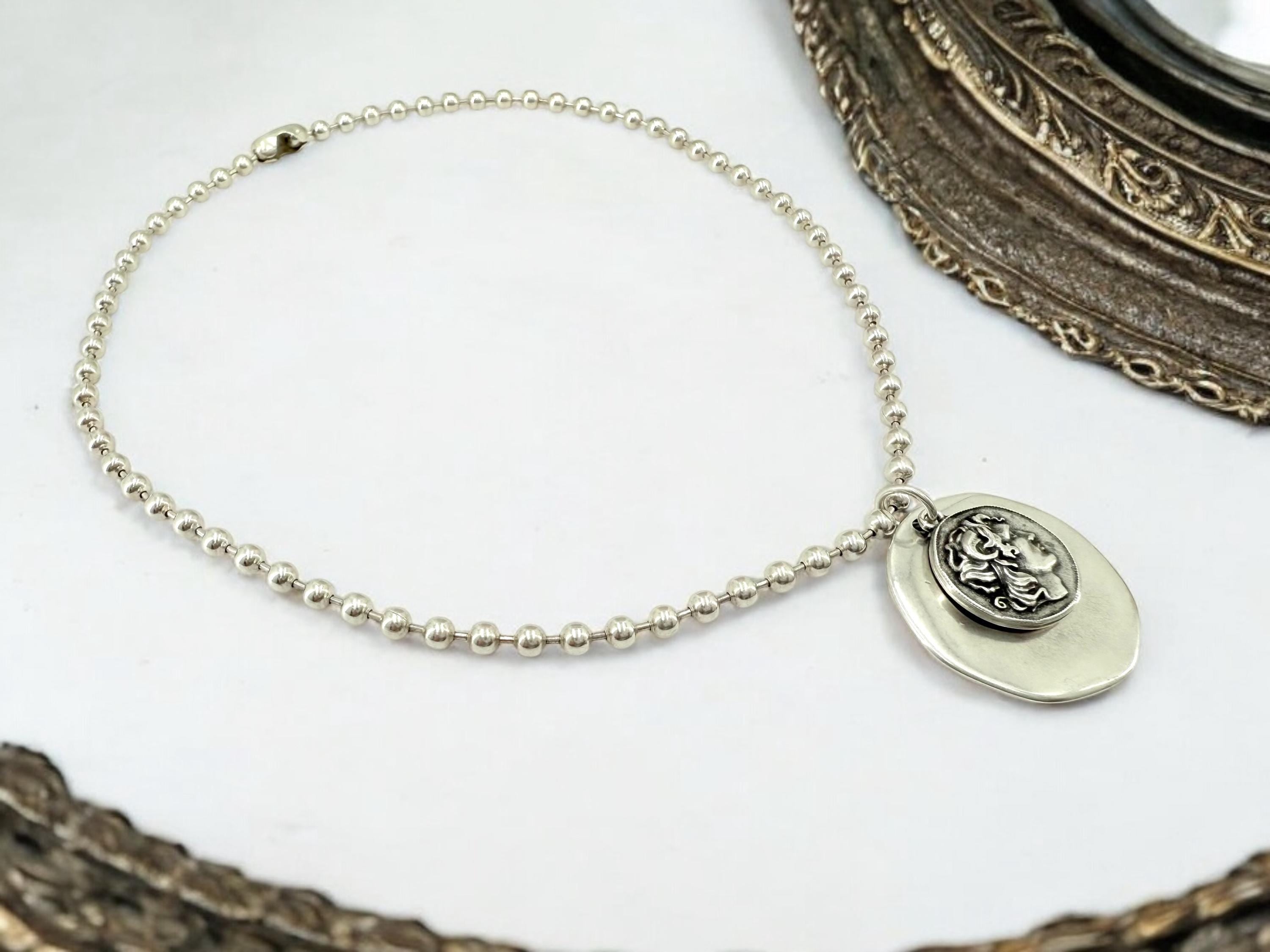 Silver Ball chain necklace with statement coin pendant, big circle pendant necklace, Christmas gift, uno de 50 style, Greek coin necklace