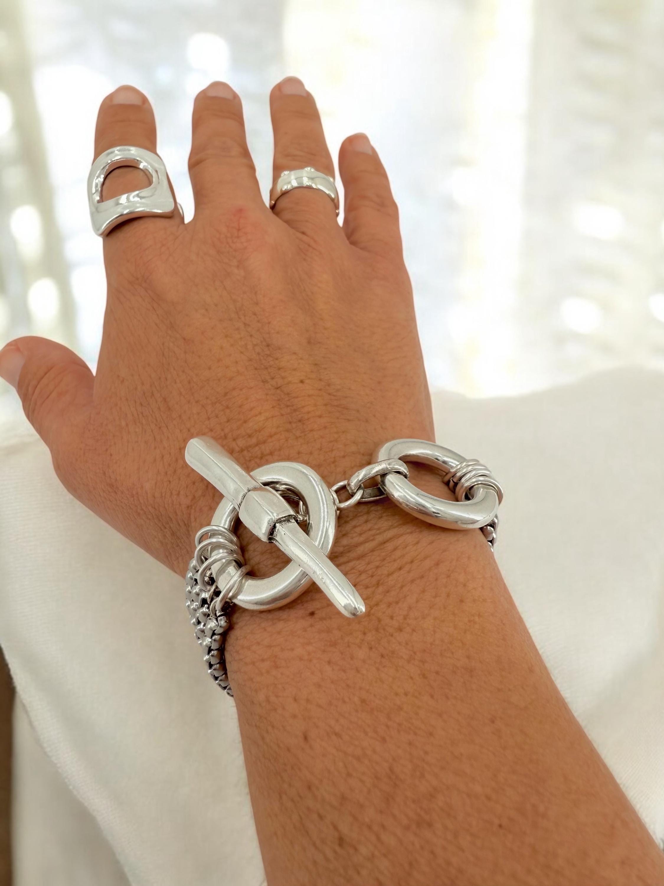 Chunky Multi-Strand Silver Bracelet – Bold Wrap Chain – Toggle Clasp – Heavy Statement Jewelry – Uno de 50 Inspired – Handmade Gift
