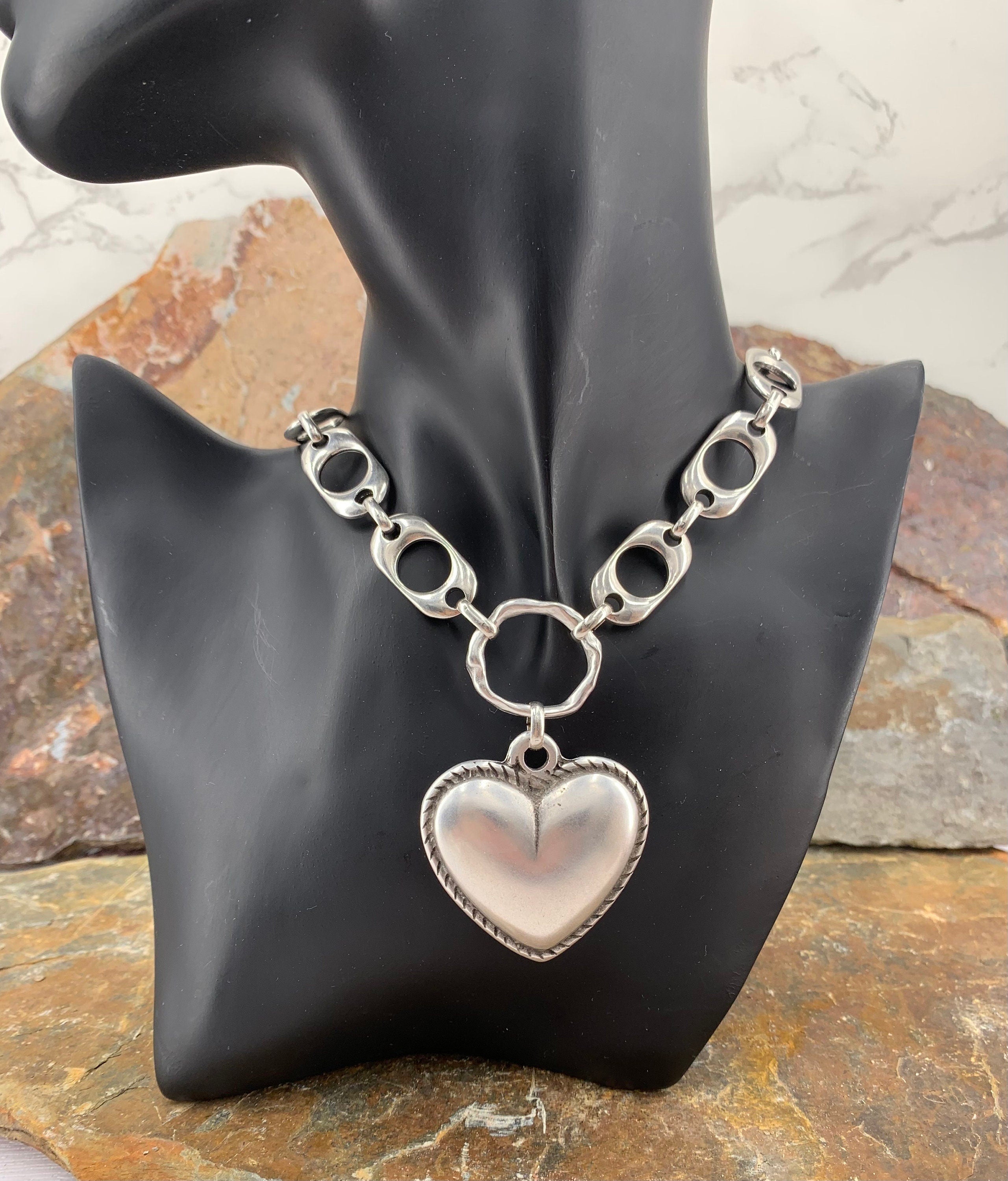 Heart pendant chunky silver chain choker, swarovski heart choker, bold chain choker, statement silver choker, chunky link chain choker,