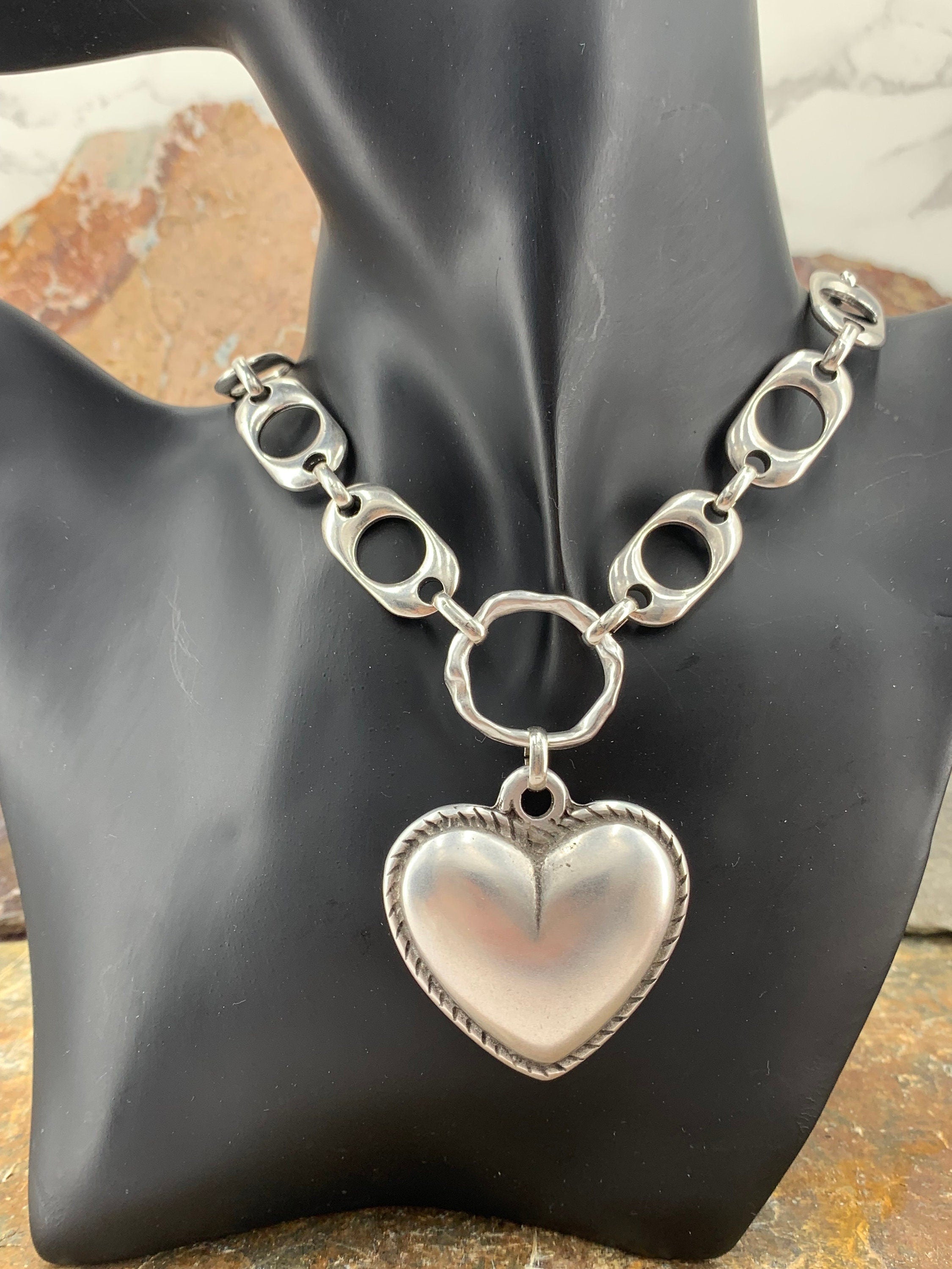 Heart pendant chunky silver chain choker, swarovski heart choker, bold chain choker, statement silver choker, chunky link chain choker,