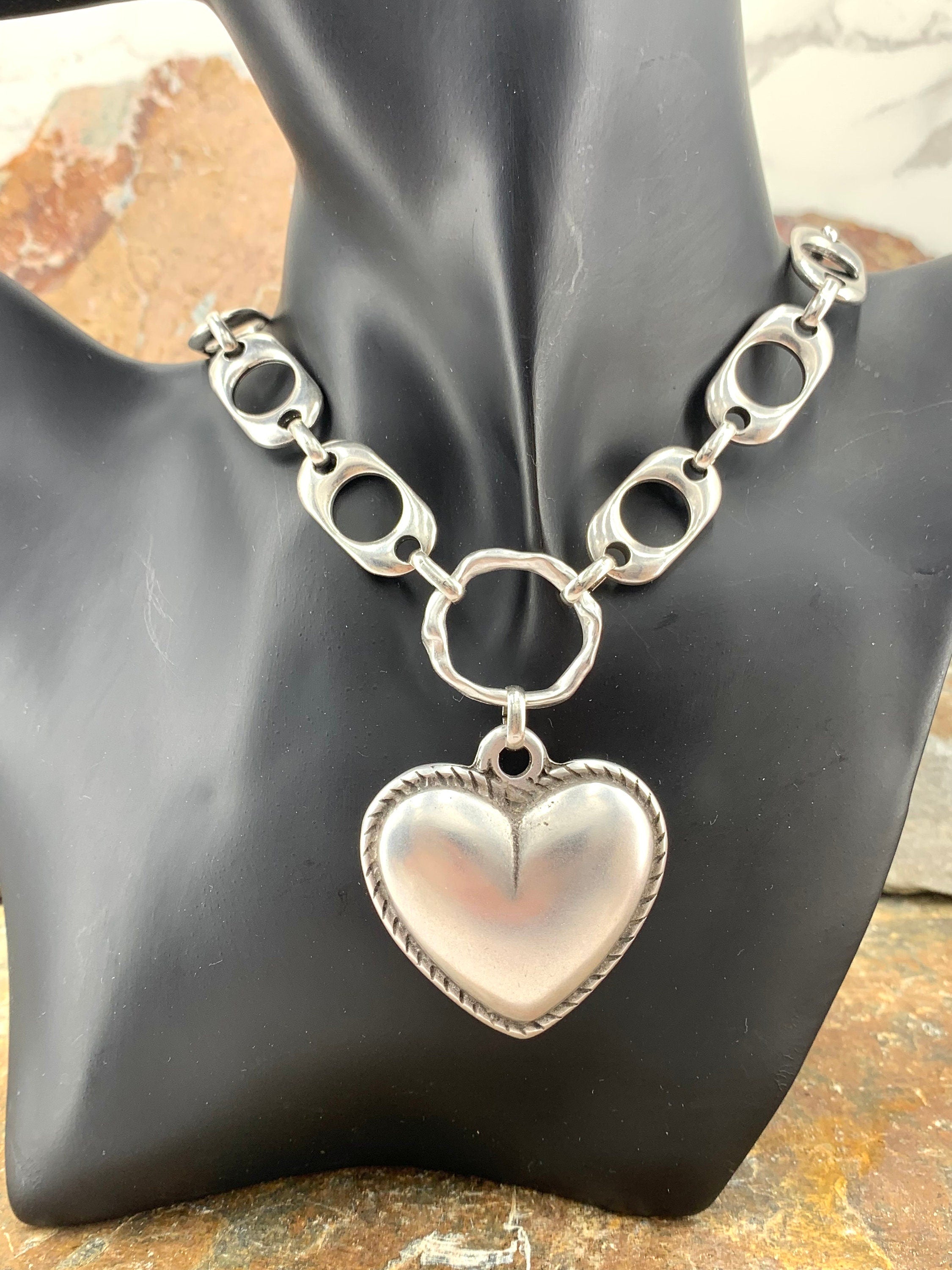 Heart pendant chunky silver chain choker, swarovski heart choker, bold chain choker, statement silver choker, chunky link chain choker,