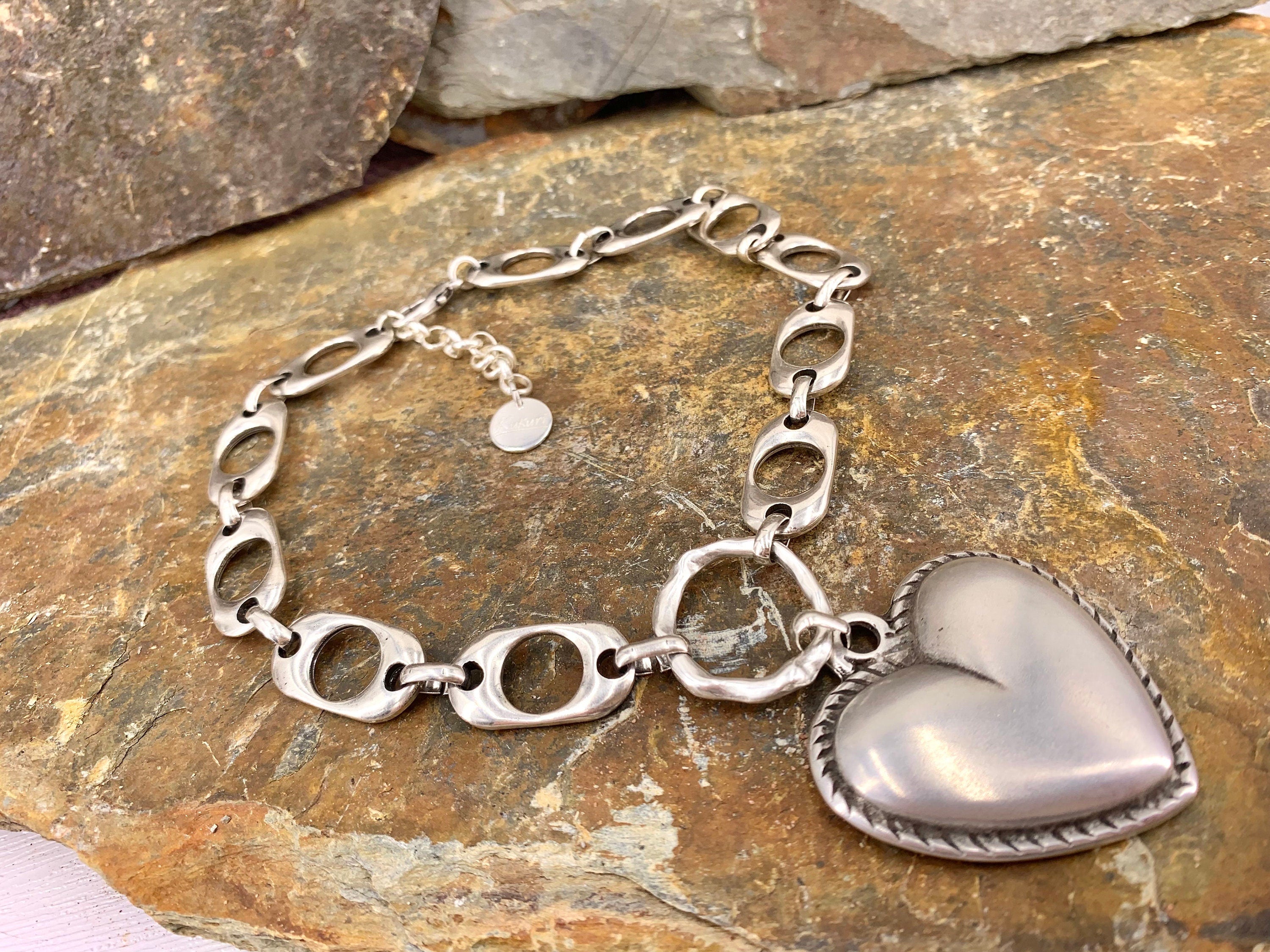 Heart pendant chunky silver chain choker, swarovski heart choker, bold chain choker, statement silver choker, chunky link chain choker,