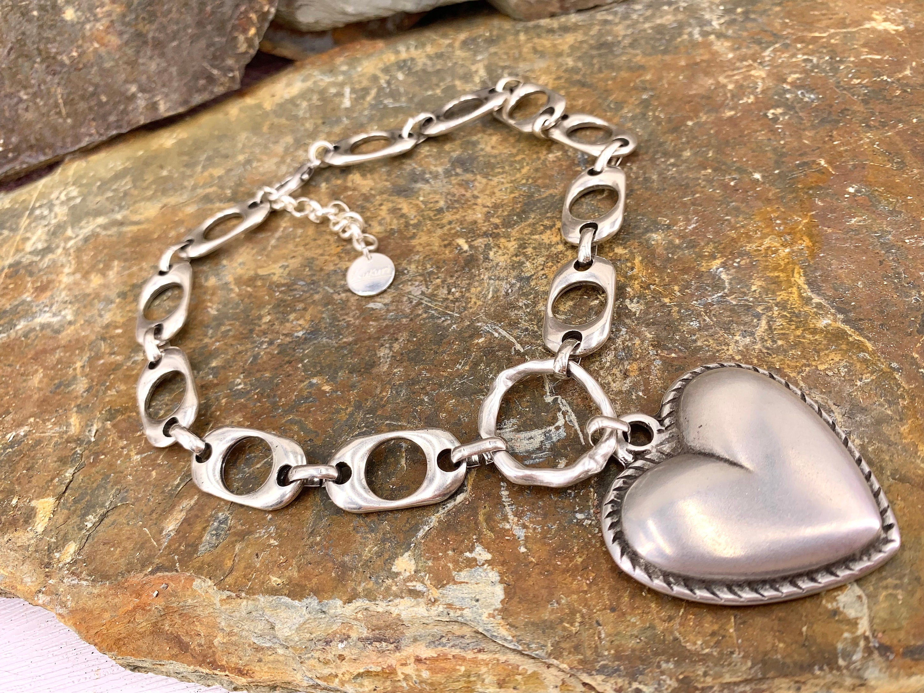 Heart pendant chunky silver chain choker, swarovski heart choker, bold chain choker, statement silver choker, chunky link chain choker,