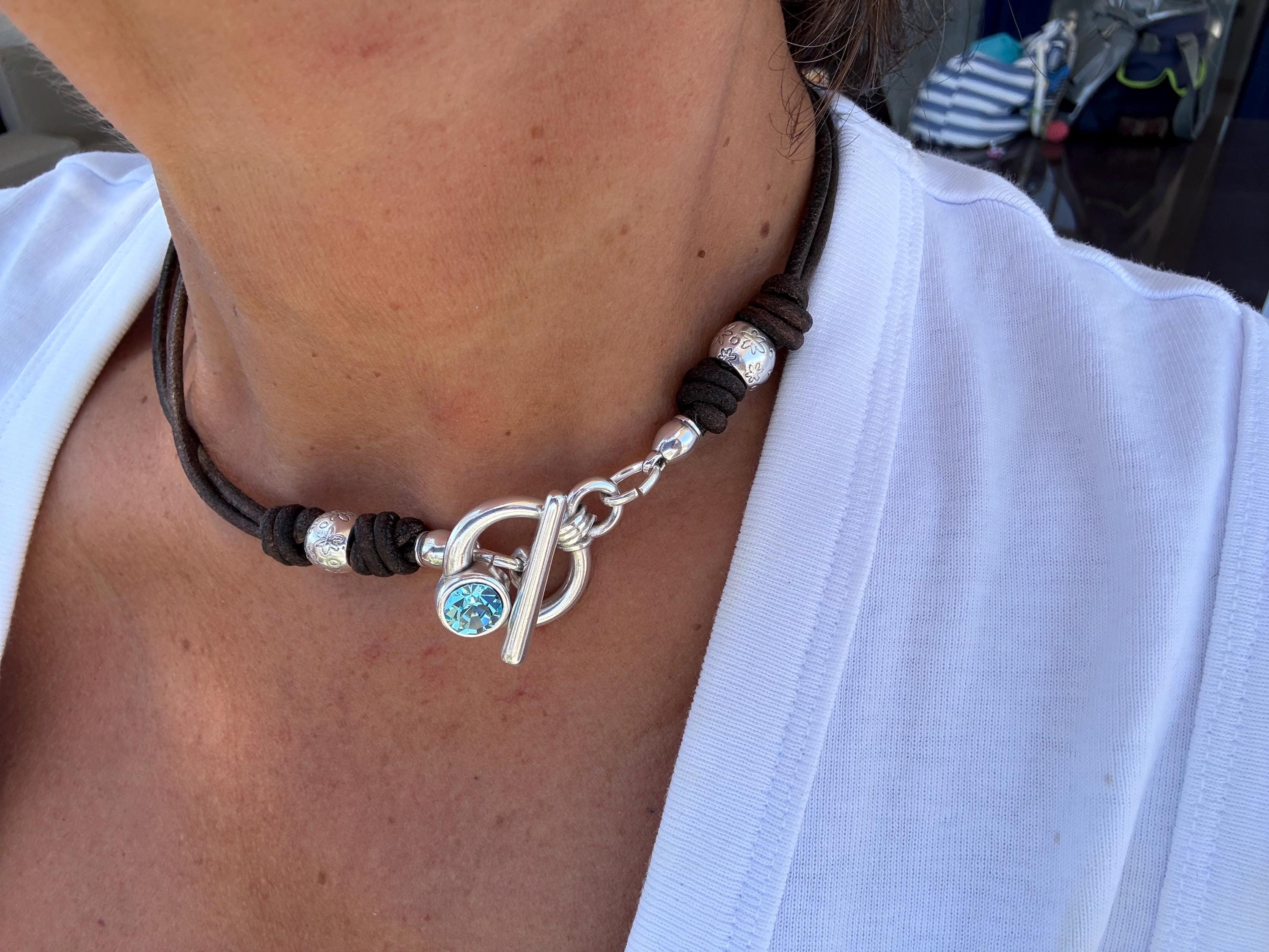 Handmade Leather Necklace – Silver-Plated Toggle Clasp with Swarovski Crystal Accent, leather choker uno de 50 style, unique custom gift