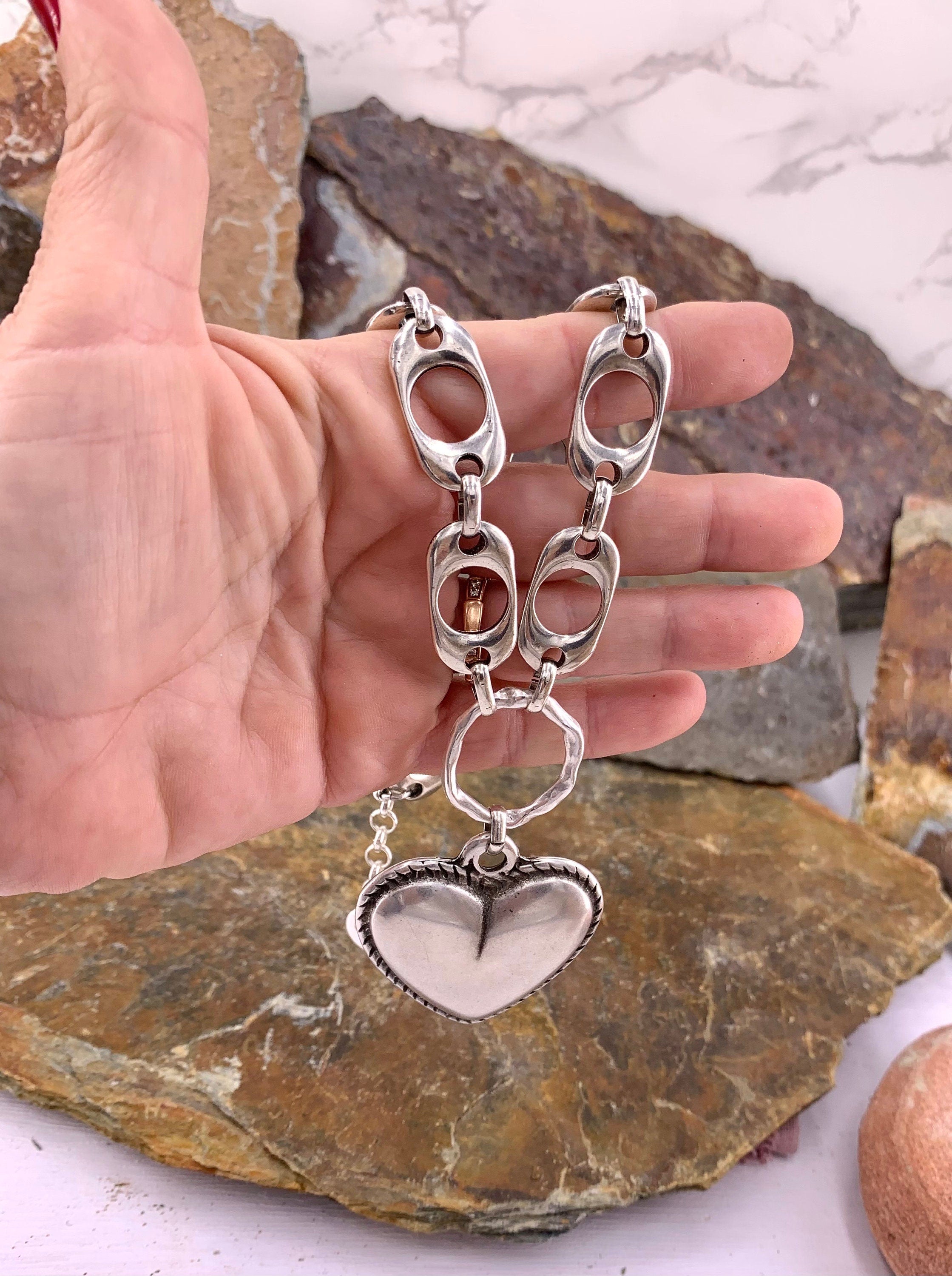 Heart pendant chunky silver chain choker, swarovski heart choker, bold chain choker, statement silver choker, chunky link chain choker,