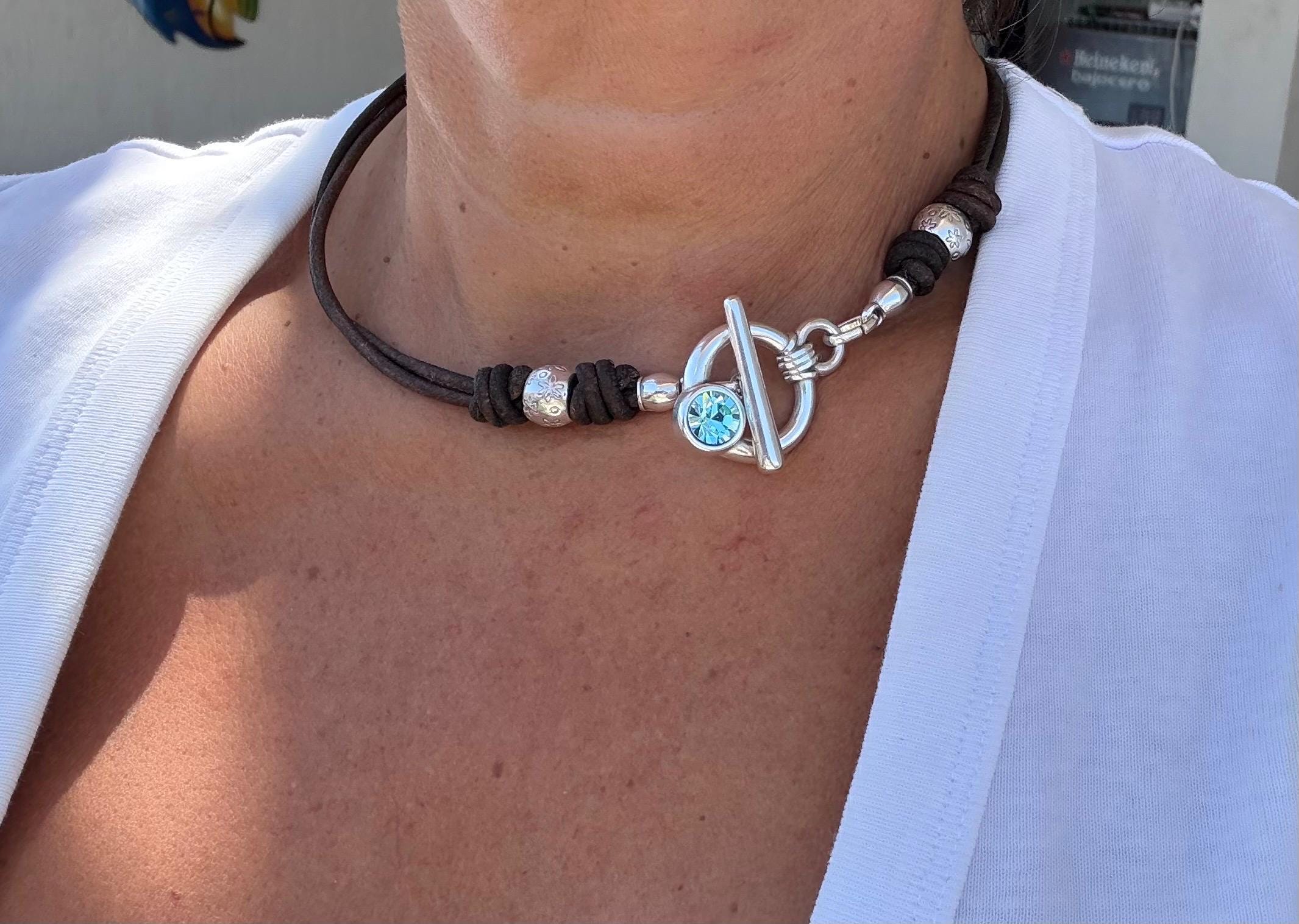 Handmade Leather Necklace – Silver-Plated Toggle Clasp with Swarovski Crystal Accent, leather choker uno de 50 style, unique custom gift