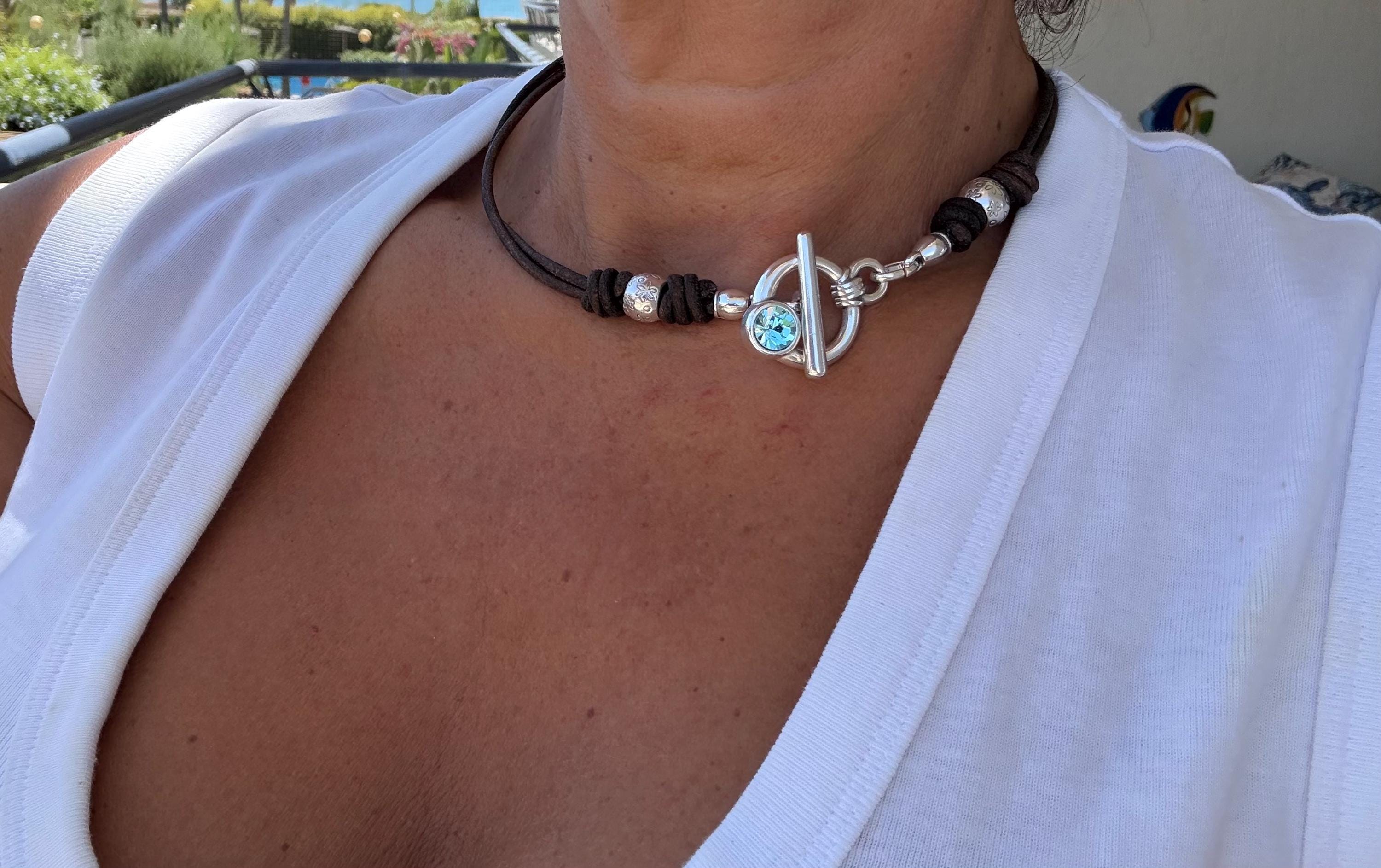Handmade Leather Necklace – Silver-Plated Toggle Clasp with Swarovski Crystal Accent, leather choker uno de 50 style, unique custom gift