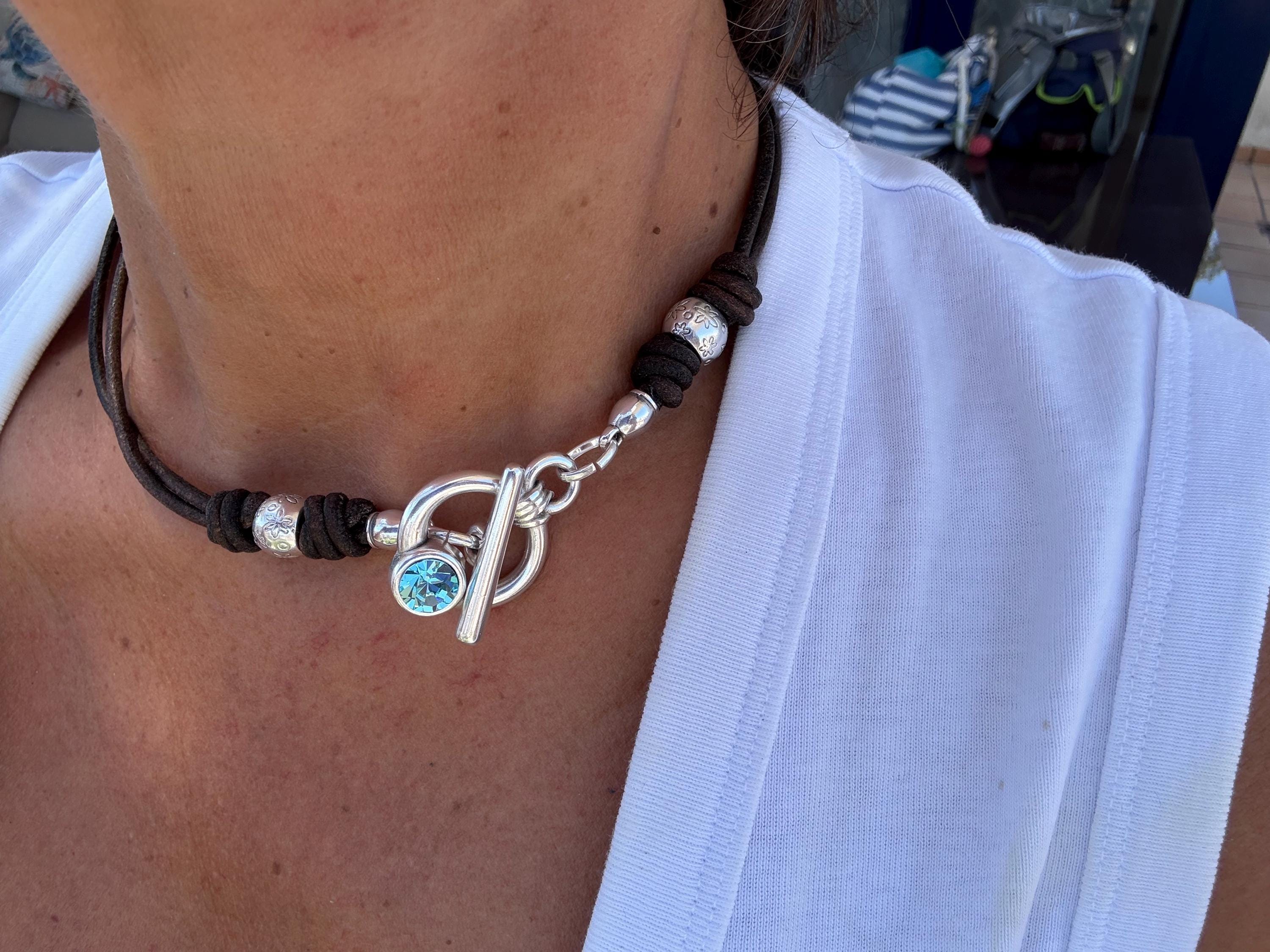 Handmade Leather Necklace – Silver-Plated Toggle Clasp with Swarovski Crystal Accent, leather choker uno de 50 style, unique custom gift