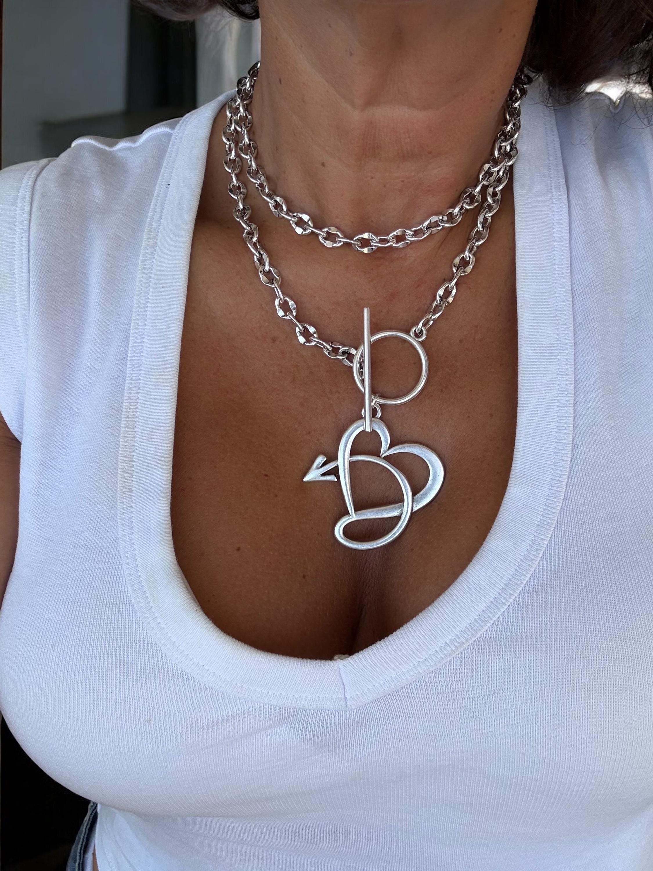 Layering chunky chain necklace with toggle clasp and spectacular big hear pendant, silver bold chain necklace, gift for her,